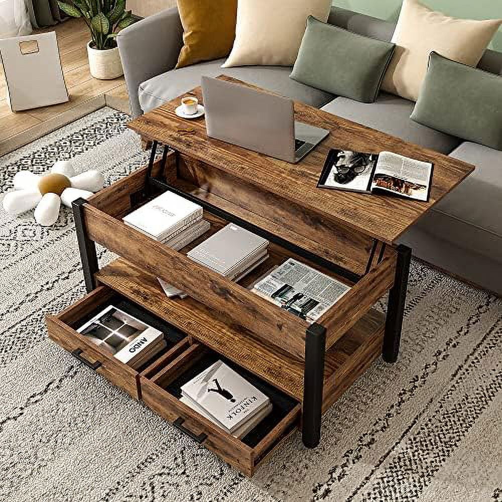 xrboomlife Lift Top Coffee Table  Coffee Table with  Drawers and Adjustable Metal Legs  Vintage Wood Living Room Tables with Hidden Compartment and Open   Brown