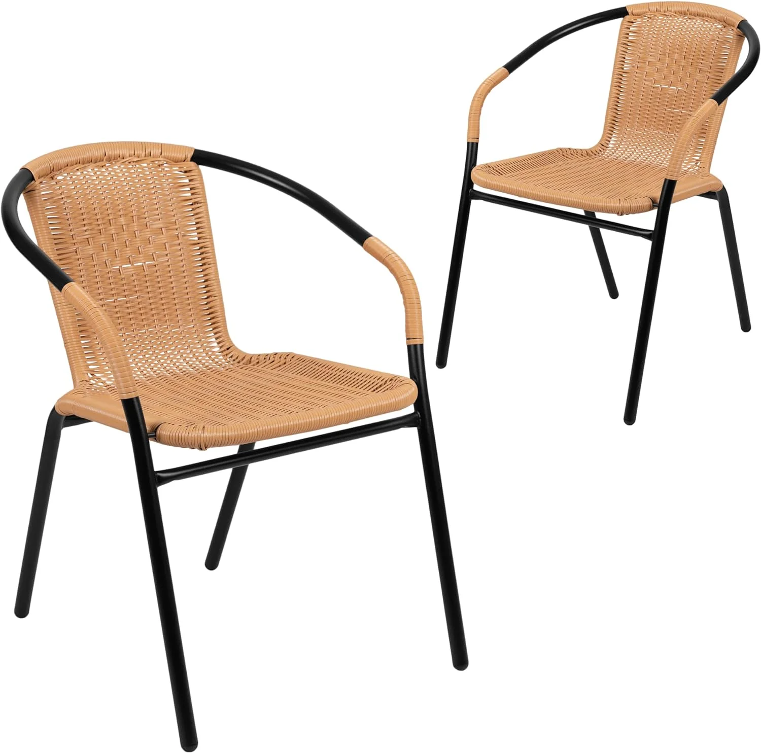 2-Pack Beige Rattan Stackable Chairs: Indoor-Outdoor Restaurant Seating with Curved Back