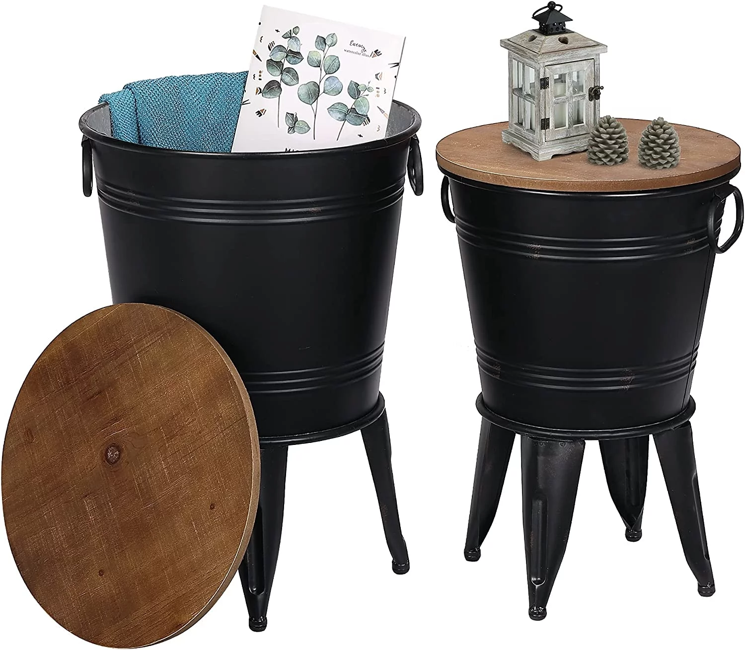 Farmhouse Accent Side Table, Rustic Antique Galvanized End Coffee or Cocktail Table, Storage Metal Bin with Round Wood Lid Set of 2, Black