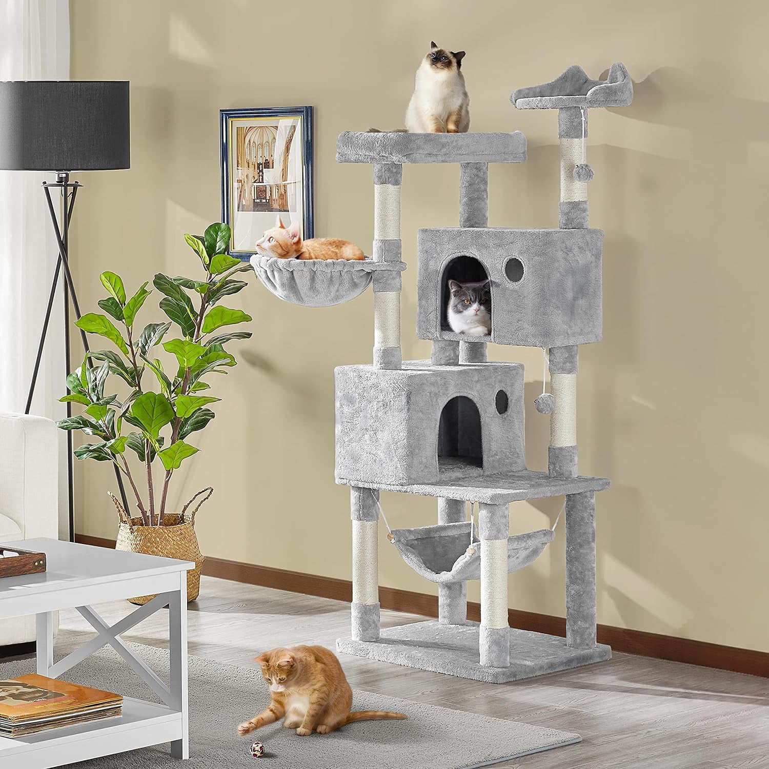 64.5in Extra Large Multi-Level Cat Tree Kittens Play House Condo with Platform, Perch Hammock & Scratching Posts, Light Gray