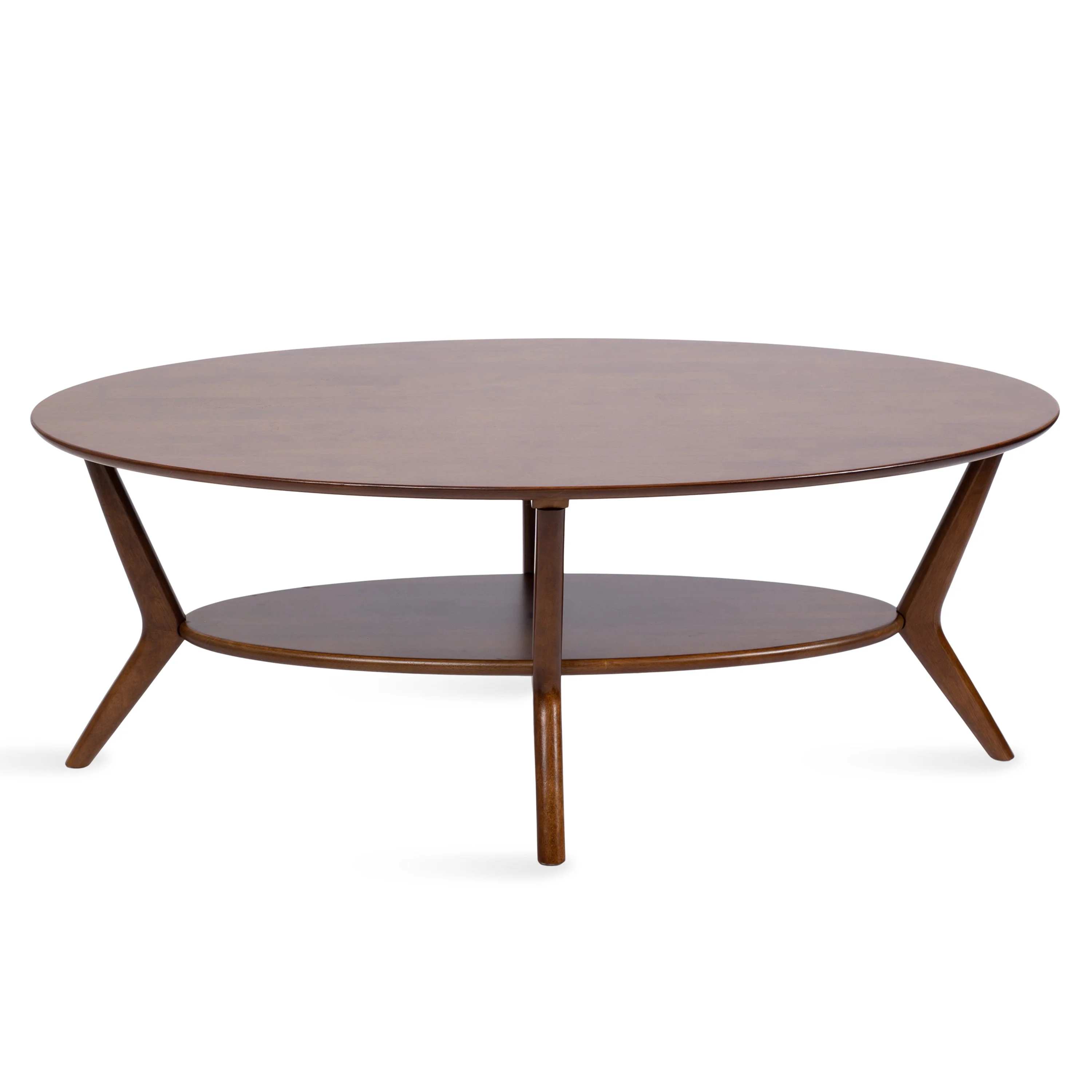 Kate and Laurel Nylah Oval Wooden Coffee Table, 48 x 26 x 18, Walnut Brown, Mid-Century Tiered Living Room Table with Solid Wood Construction and Sculptured Dowel Legs