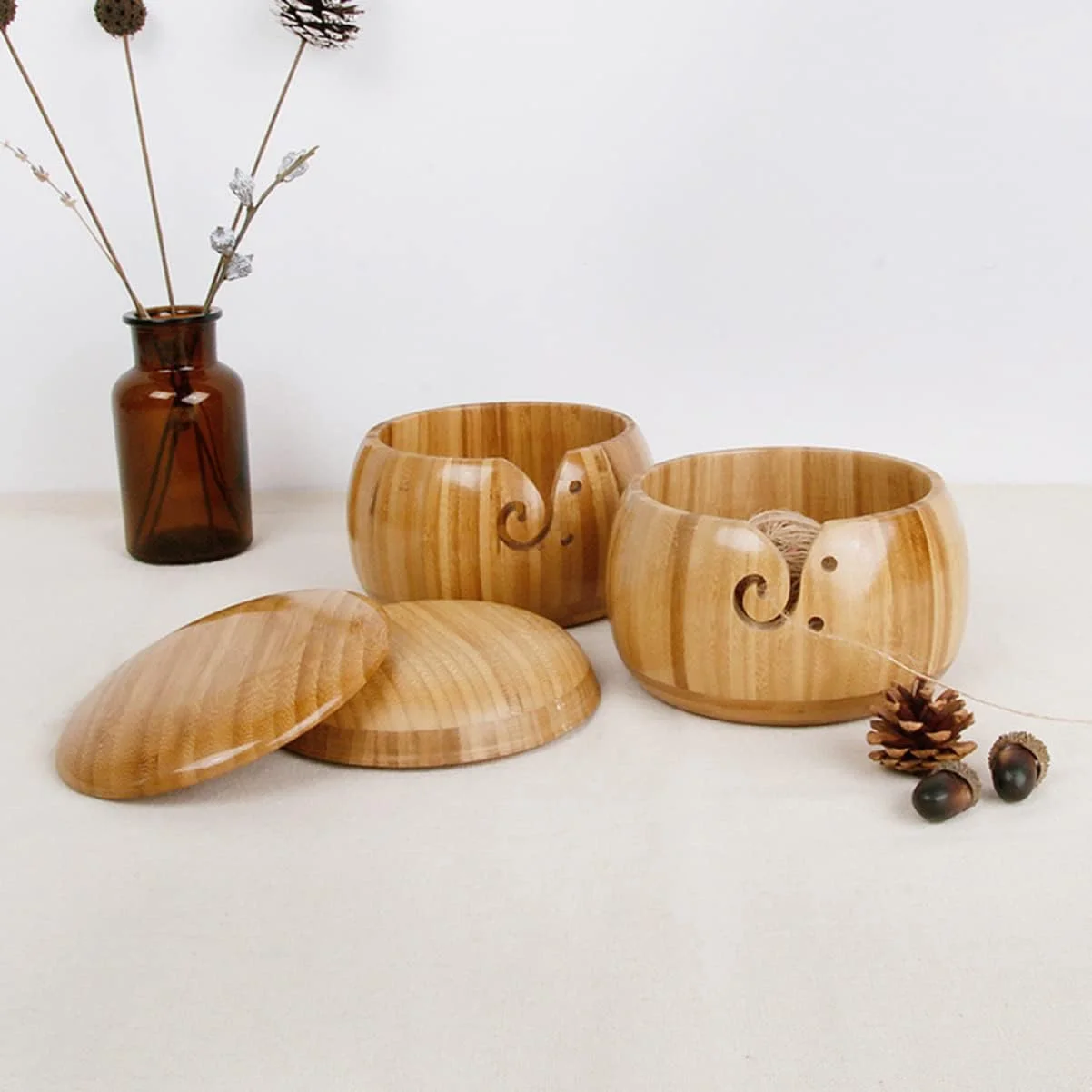 2pcs Bowl Yarn for Crocheting Crochet Hook Wooden Yarn Holder Crotchet Crochet Kit Organizer Yarn Storage Wool Yarn Crochet Browl Yarn Ball Storage Self Made Bamboo Suite