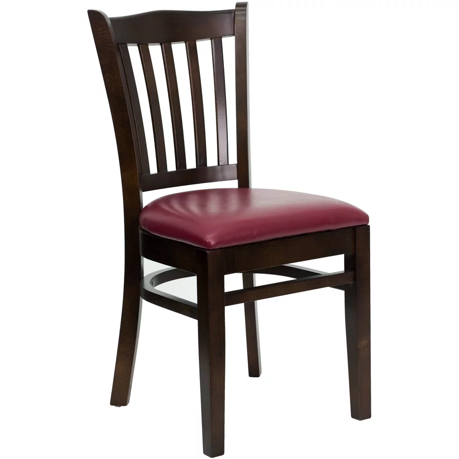 Emma + Oliver Vertical Slat Back Walnut Wood Chair, Burgundy Vinyl Seat