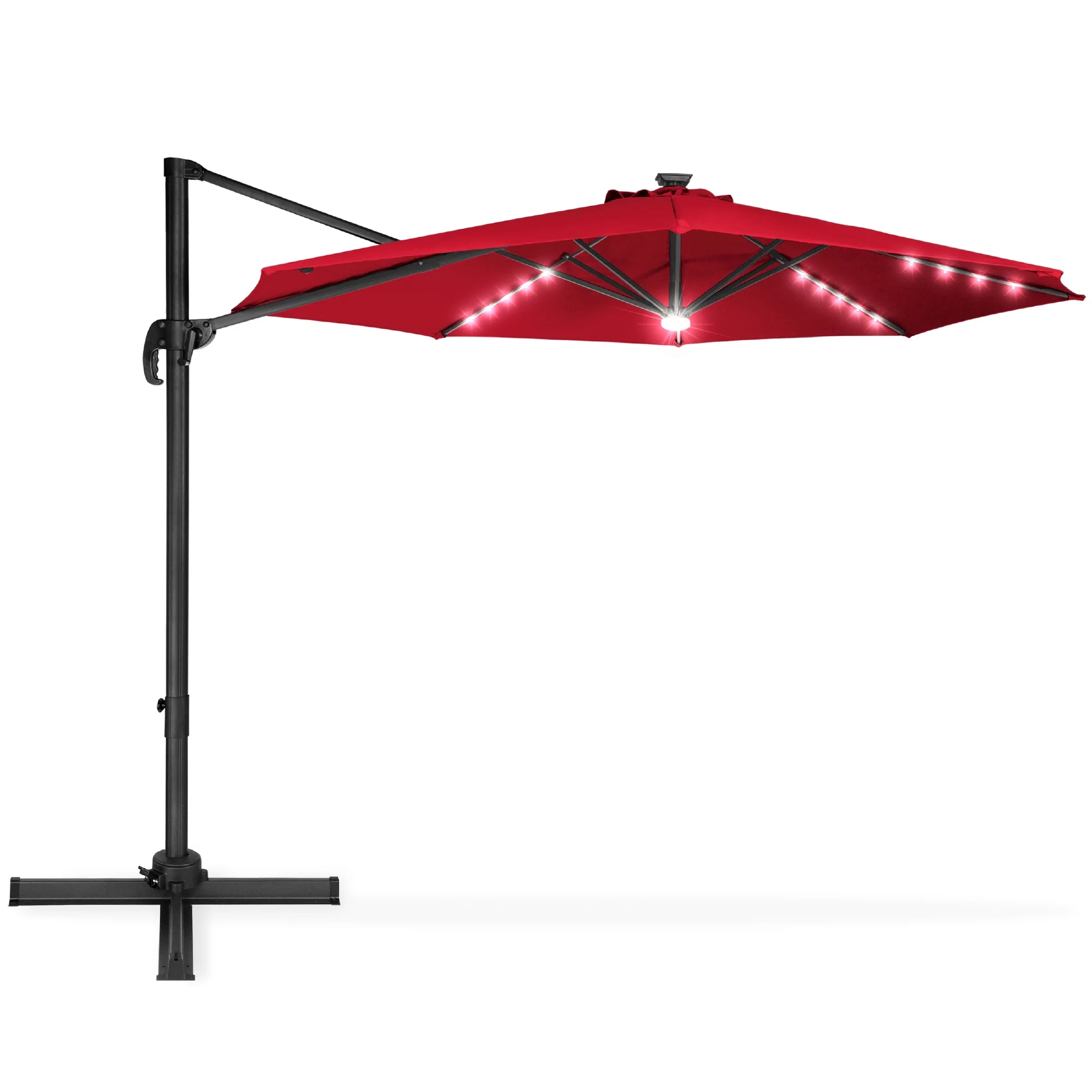 Best Choice Products 10ft 360-Degree LED Cantilever Offset Hanging Market Patio Umbrella w/ Easy Tilt - Red