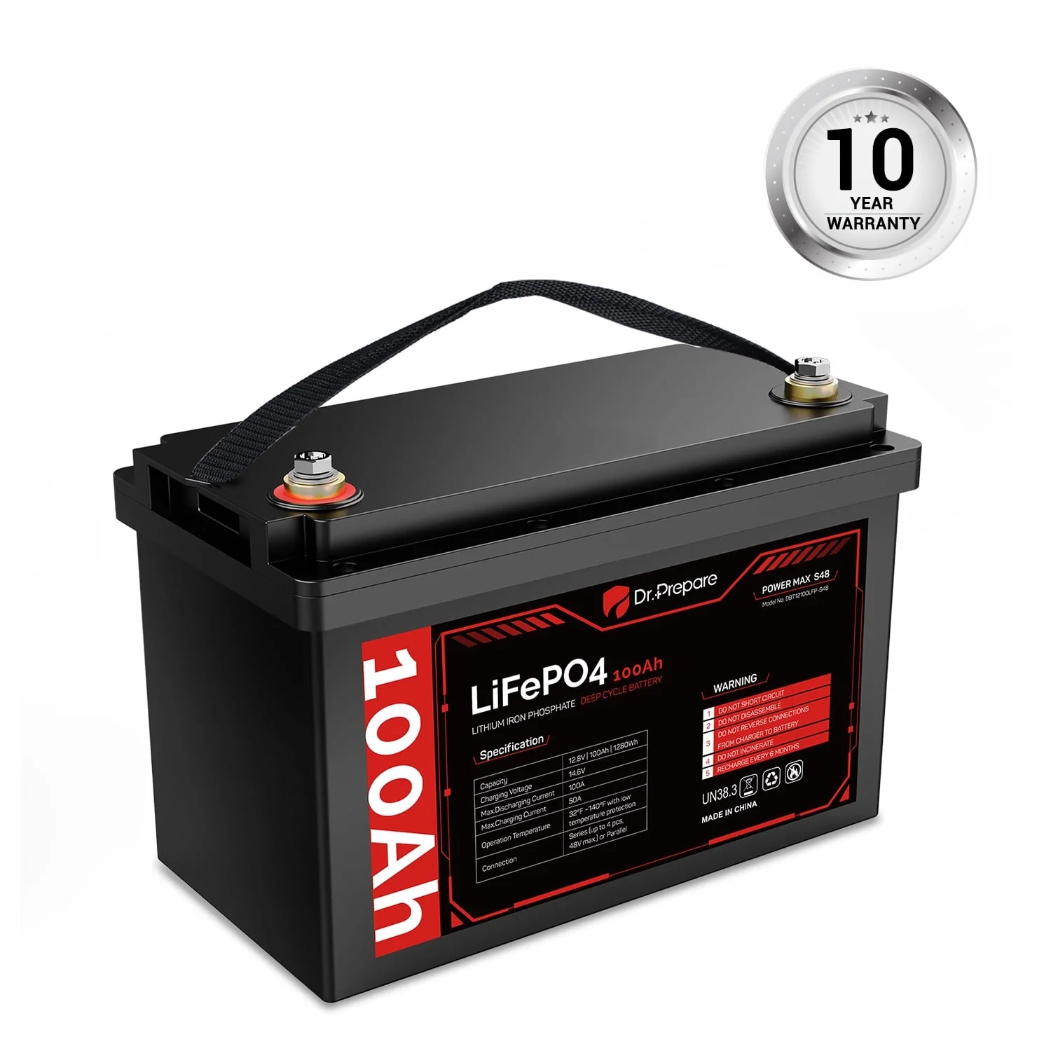 Dr. Prepare 12V 100Ah LiFePO4 Lithium Deep Battery, Upgraded BMS w/Low&High Temp Protection, Series and Parallel Connection,for RVs, Boats,Camping,Marine,Black[10-year Warranty]