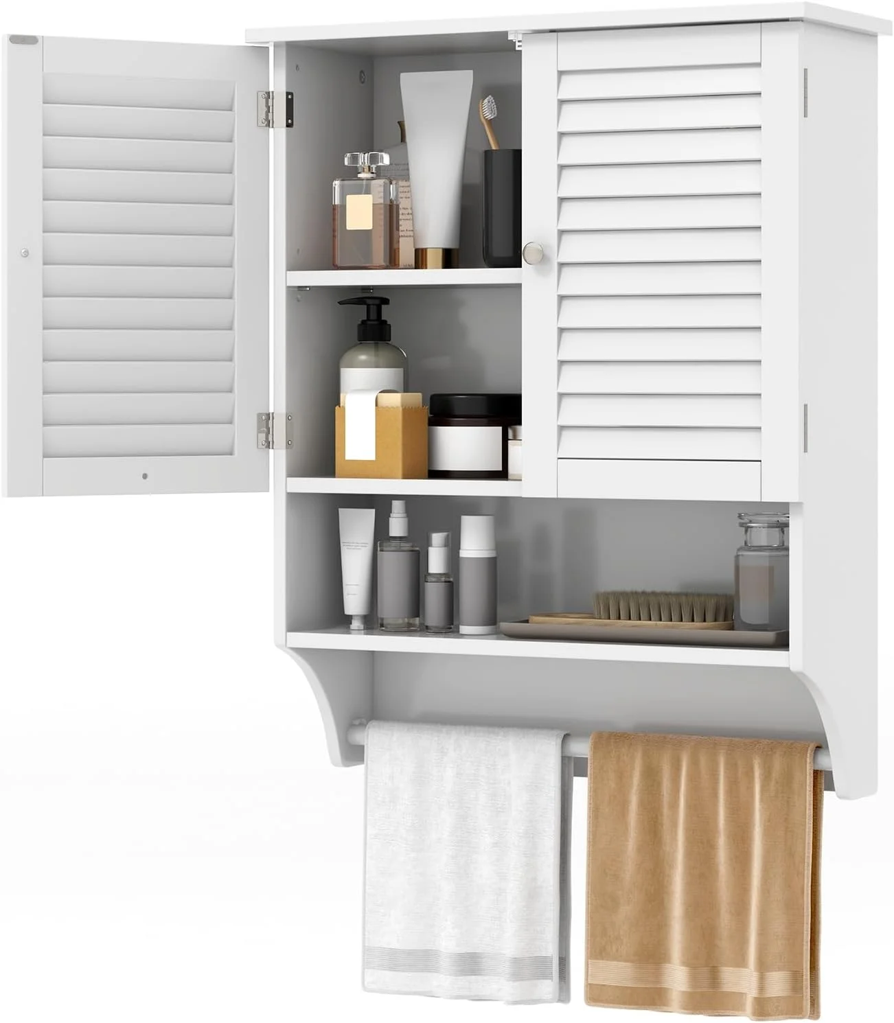 Wall Mounted Bathroom Cabinet with Open Shelf & Bar, Medicine Cabinet with Double Louvered Doors, Wall Storage Cabinet with Adjustable Shelf, for Bathroom Living Room Kitchen (White)