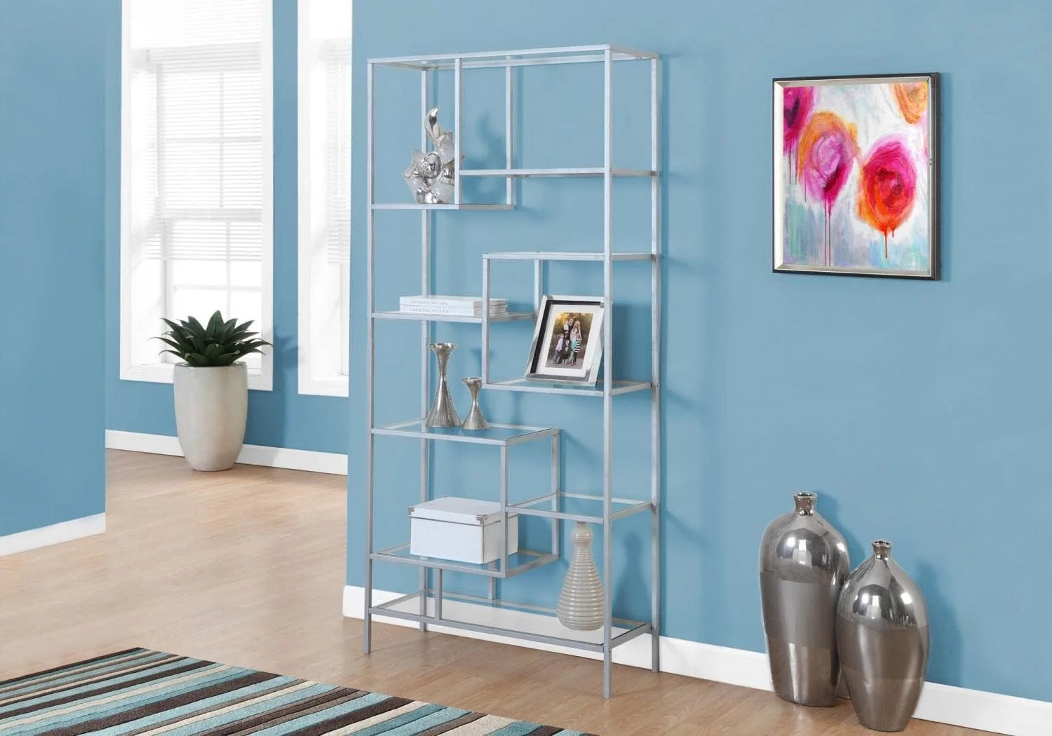 MONARCH SPECIALITIES INC. Bookcase, 72 Inch, Silver/Clear Glass