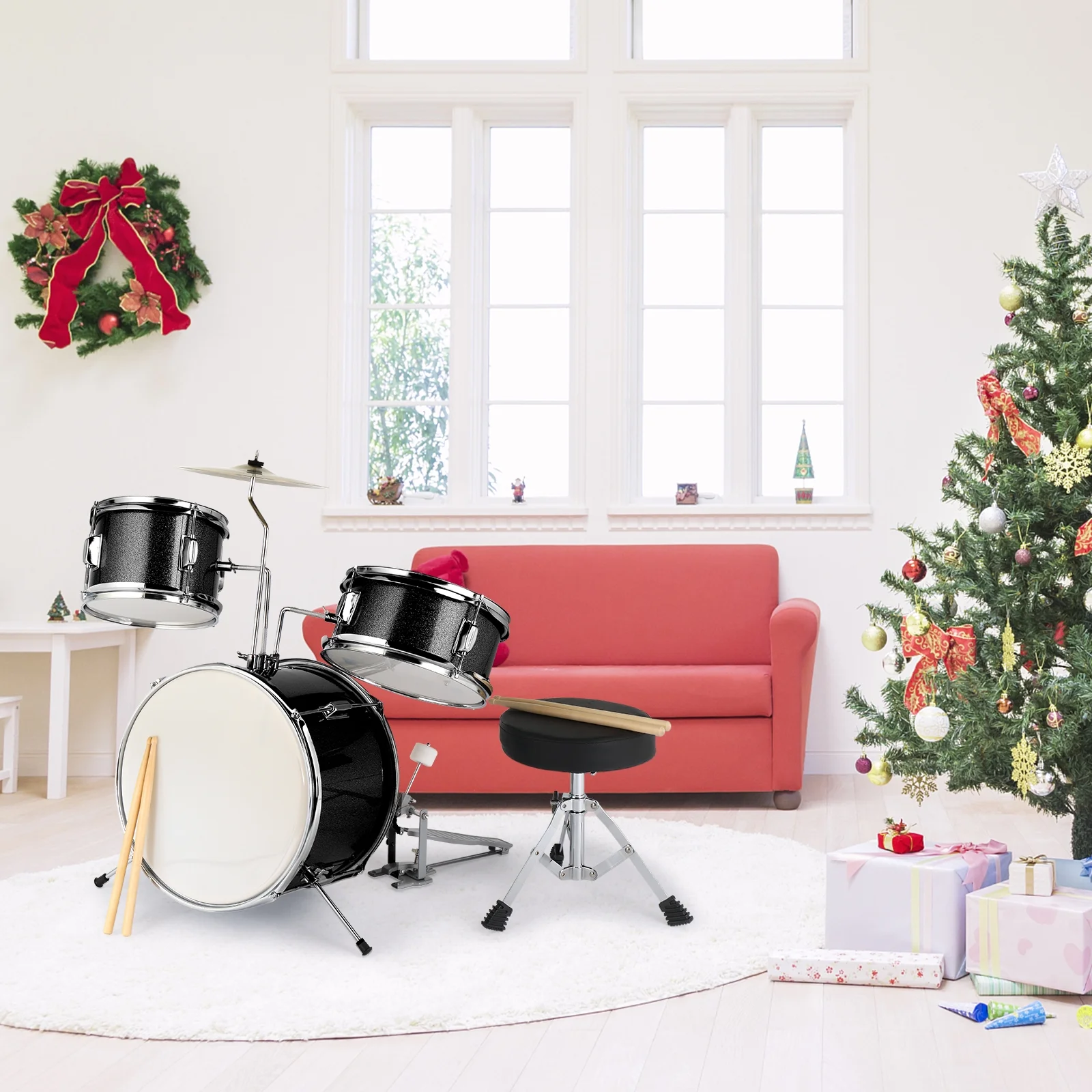 3-Piece Junior Kids Drum Set, 14 “x10” Kids Beginner Kit, Pedals Sticks Wrenches Drum Stool Black