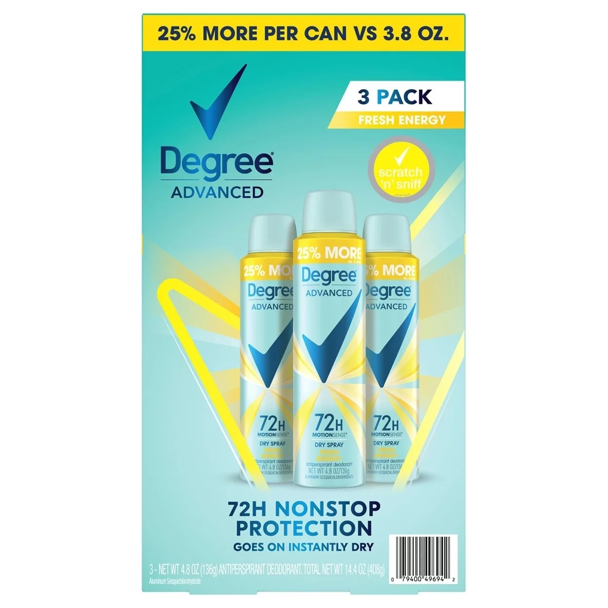 Degree Advanced Dry Spray Antiperspirant & Deodorant, Fresh Energy 4.8 oz.,3 pk.