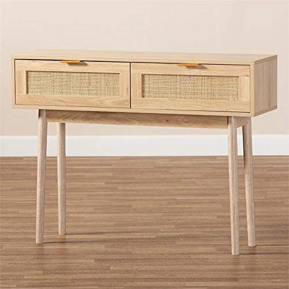FDIGLUL Light Oak Brown Finished Wood and Rattan 2-Drawer Console Table