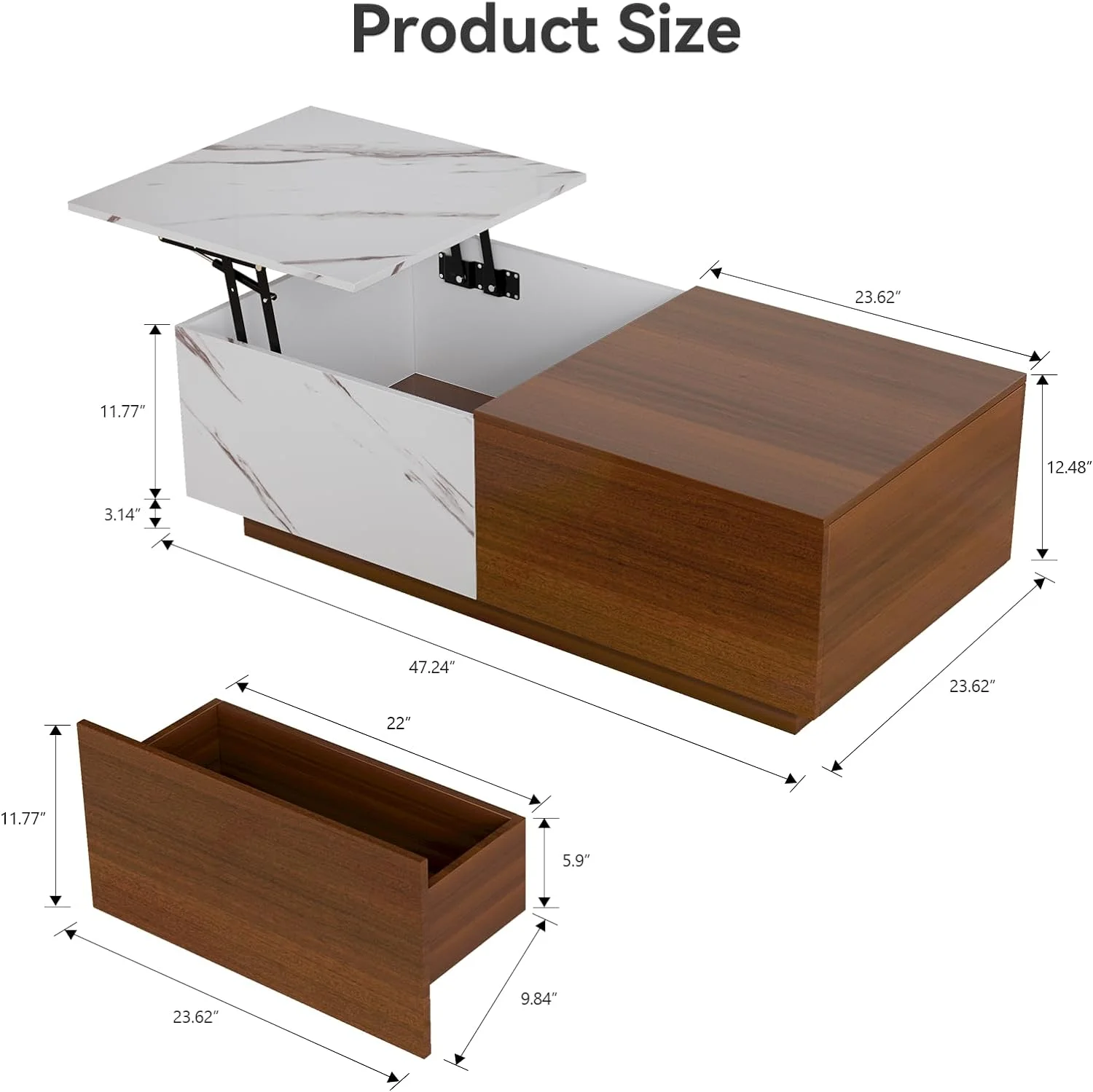 LED Coffee Table with Storage, Lift Top Coffee Table with Drawers and Hidden Compartment, Rising Wooden Dining Center Tables for Living Room Office - Walnut & Marble