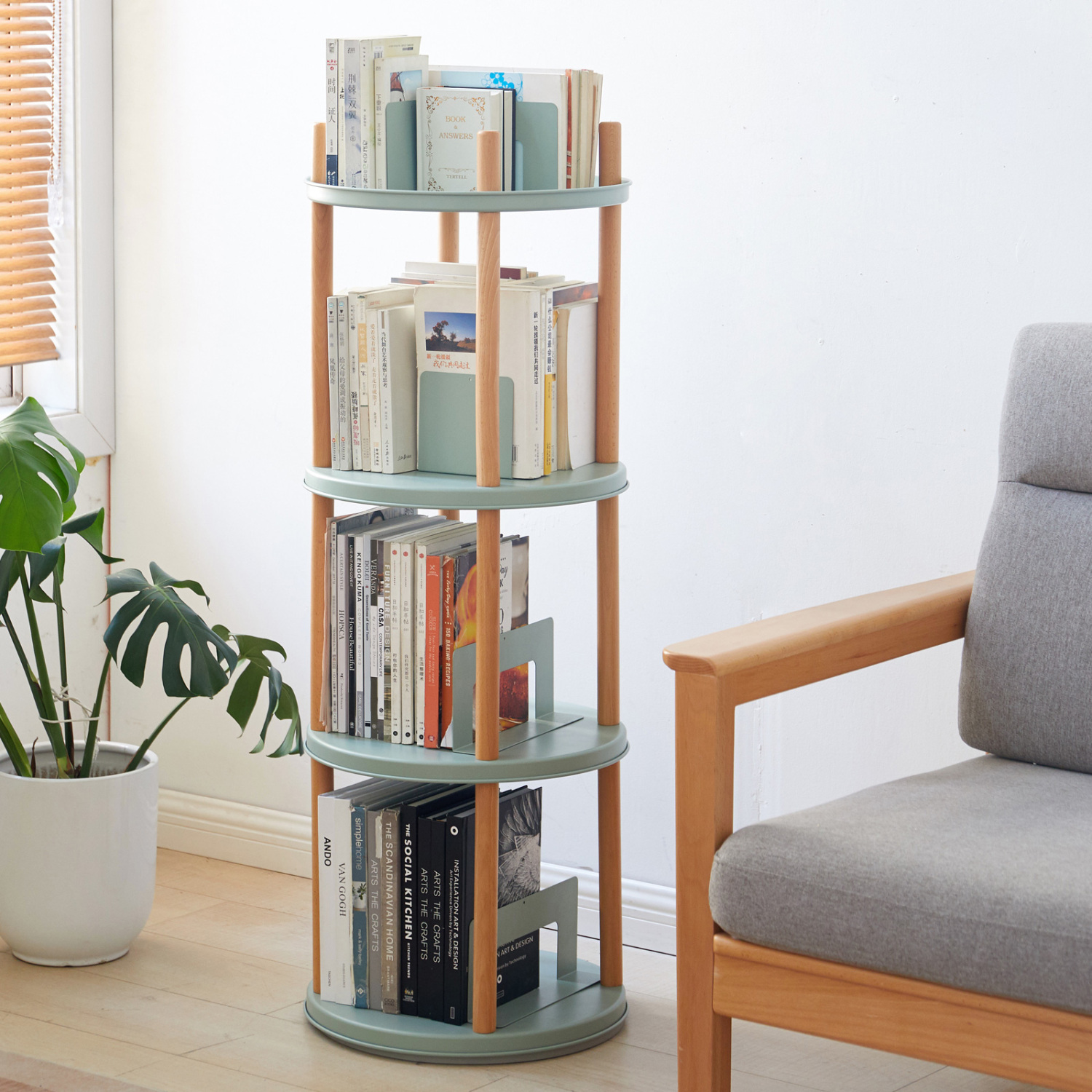 DremFaryoyo   ° Rotating Bookshelf  4 Tier Bookcase w/ Large-Capacity  Space  Multifunctional  Rack  Compact Design  Standing   Room  Bedroom  Study Room  Kitchen