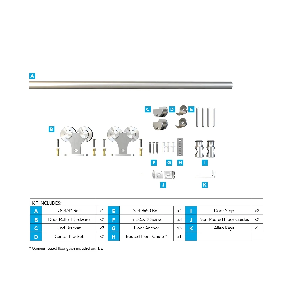 Architectural Products by Outwater 8 Ft Barn Door Stainless Steel Sliding Rolling Barn Door Hardware Kit for Single Wood Doors with Non-Routed Adjustable Floor Guides