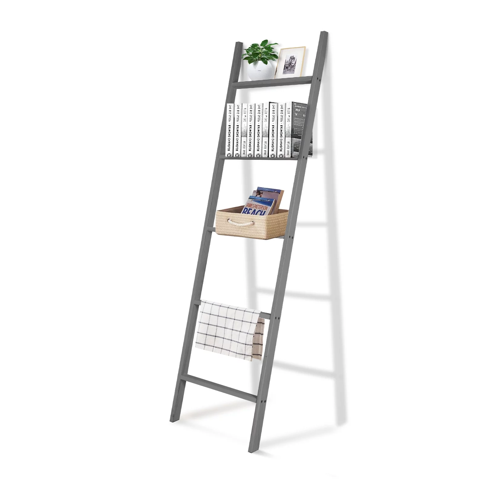 Fionafurn 5-Tier Modern Ladder Shelf,Wooden Flower Book Display Shelf，Leaning Wall Shelf，Gray