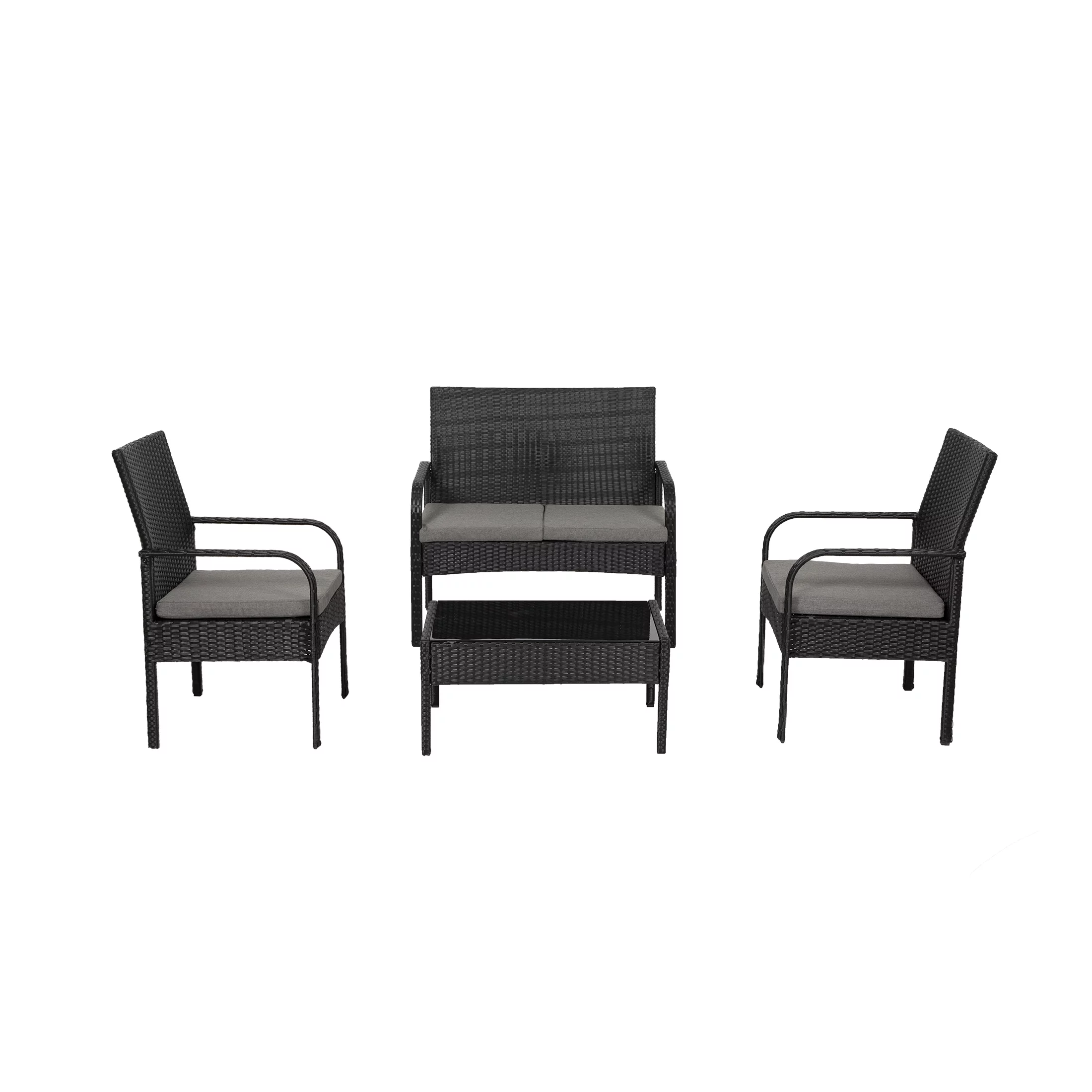 WestinTrends Roadhill 4 Piece Wicker Patio Furniture Sets, All Weather PE Rattan Wicker Loveseat Patio Conversation Sets with Tempered Glass Coffee Table, Black and Gray