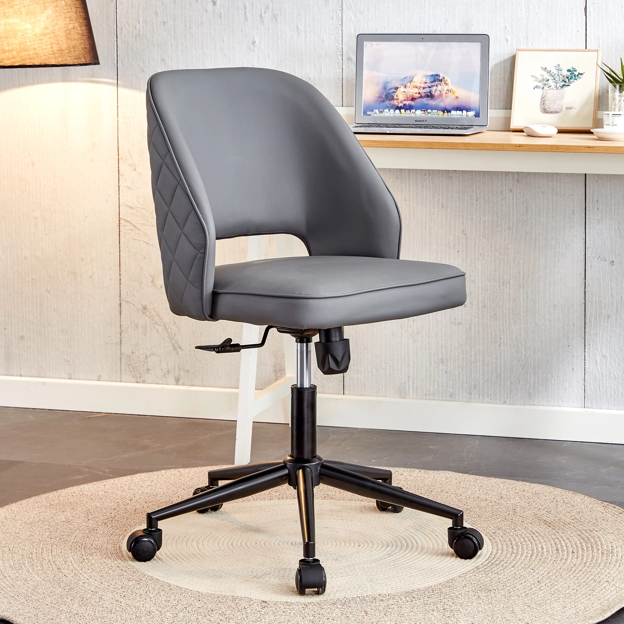 Modern Home PU Office Chair Adjustable 360 ° Swivel Chair Engineering Plastic Armless Swivel Computer Chair with Wheels Living Room, Office Hotel, Dining Room, Dark Grey Seat, Black Chair