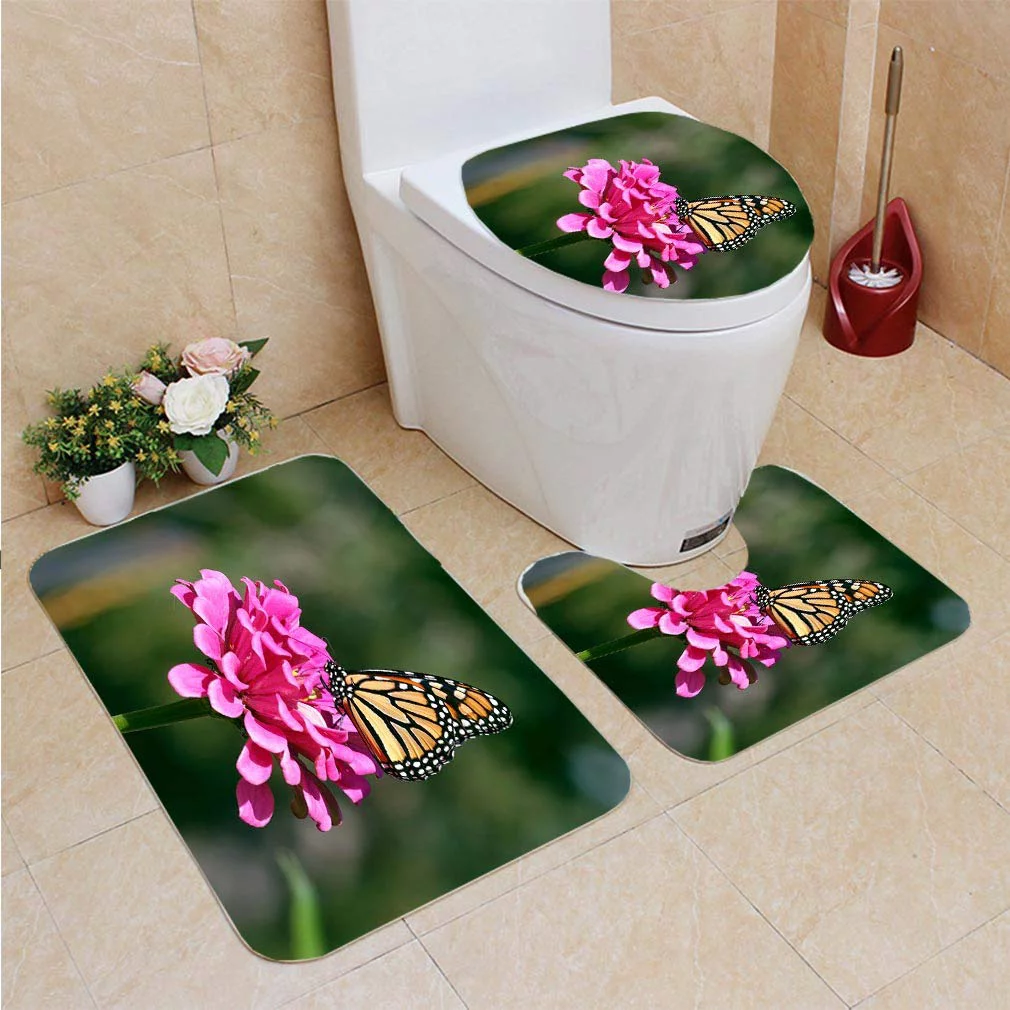 CHAPLLE Monarch Butterfly Feeds a Zinnia Flower 3 Piece Bathroom Rugs Set Bath Rug Contour Mat and Toilet Lid Cover