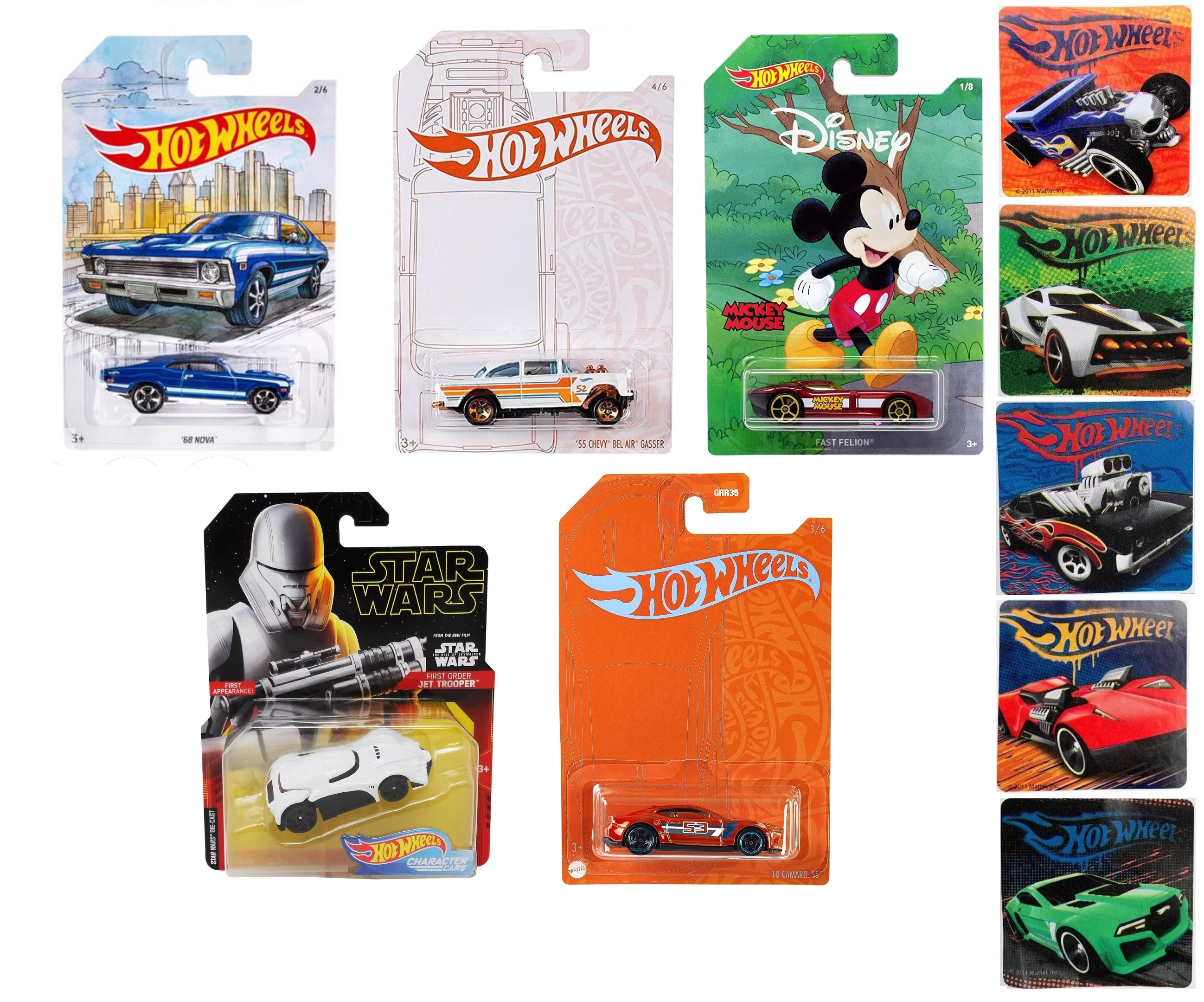 Hot Wheels Car 5 Pack Random Diecast Bundle Set with Various Camaro, Disney, StarWars , Muscle Cars and More With 5 Hot Wheel Stickers