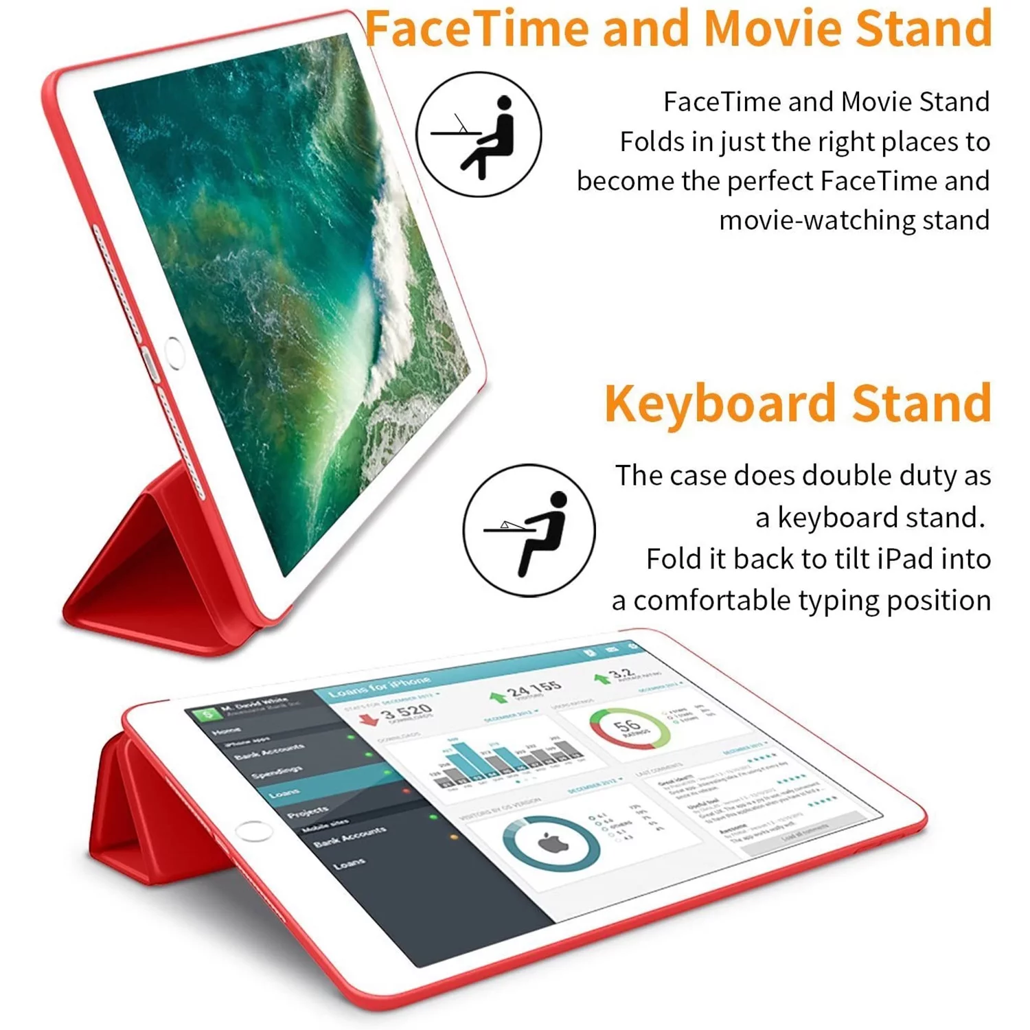 DuraSafe Cases iPad Air 2nd 1st Gen 9.7 Inch 6th 5th [ Air 2 1 ] MGLW2LL/A MGL12LL/A MH0W2LL/A MGKM2LL/A MH182LL/A MGKL2LL/A With Soft Silicone Back and Flip Stand Cover - Red