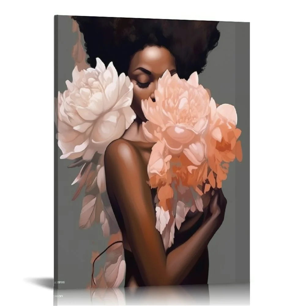COMIO African American Wall Art Pink Flower on Black Women Head Vintage Canvas Art Paintings Modern Abstract  Picture Home Wall Decor for Bedroom Living Room