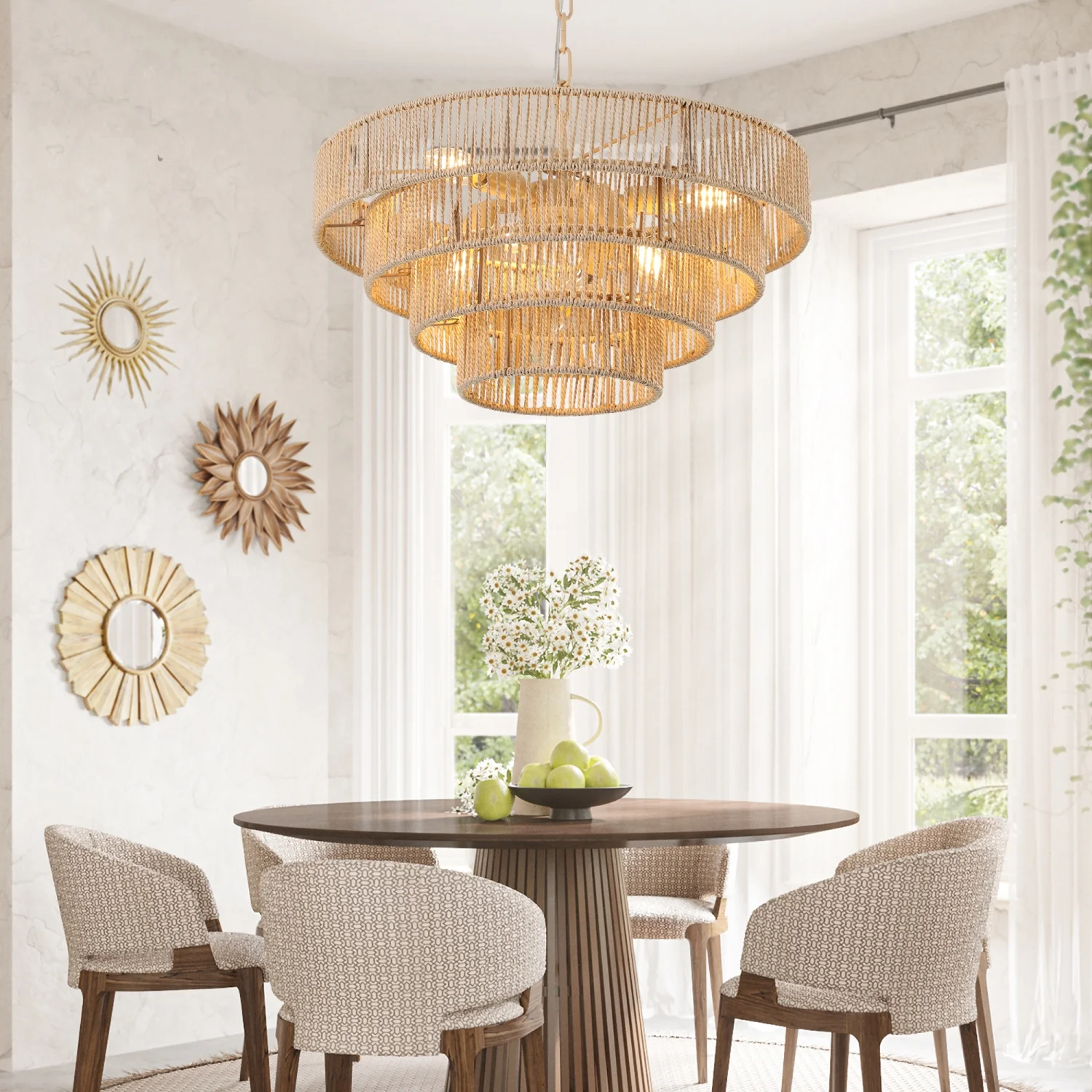 DremFaryoyo Bohemian style Woven Pendant Light 19.7 Inch Rattan Ligh Large Rattan Pendant Light with 4-Tier Rattan Chandelier--Wood