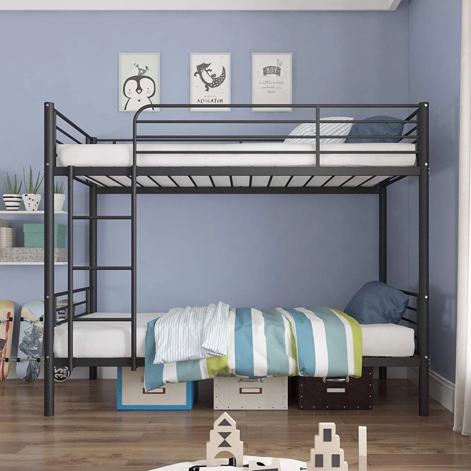 Twin Over Twin Metal Bunk Beds Convertible Bed Frame With Ladder Kids Bedroom