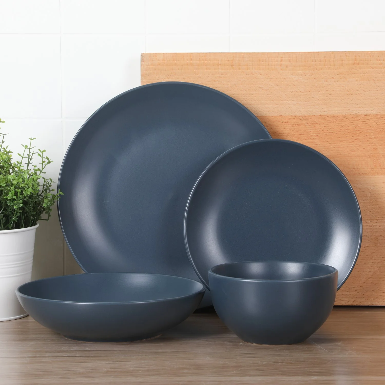 Gibson Home Queenslane 16 Piece Double Bowl Plates and Bowls Dinnerware Sets - Matte Blue