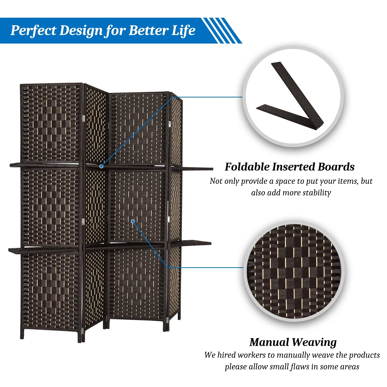 Bonnlo 6ft Tall Rattan Room Divider Folding Privacy Screen with 2 Display Shelves (4 Panels)