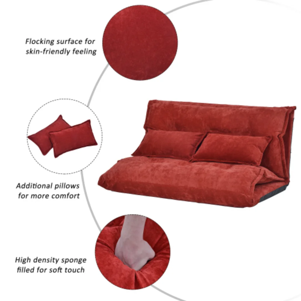 Lazy Sofa Adjustable Folding Futon Sofa Video Gaming Sofa with Two Pillows Red + Polyester + Foam