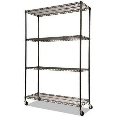 Alera Complete Wire Shelving Unit w/Caster, Four-Shelf, Black