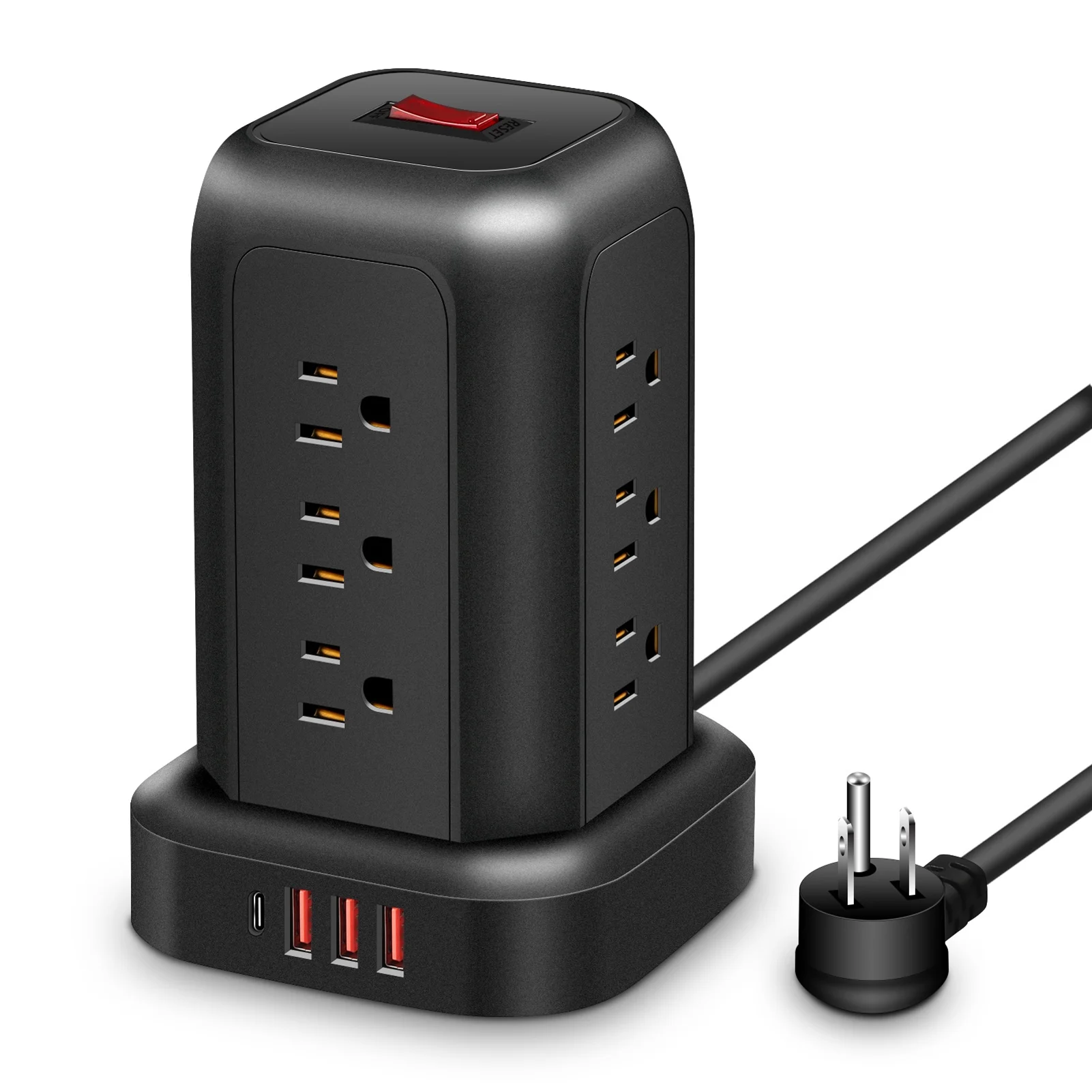Docooler Power Strips Tower 12 Outlets Surge Protector with 4 USB Port and 5ft Extension Cord, Black