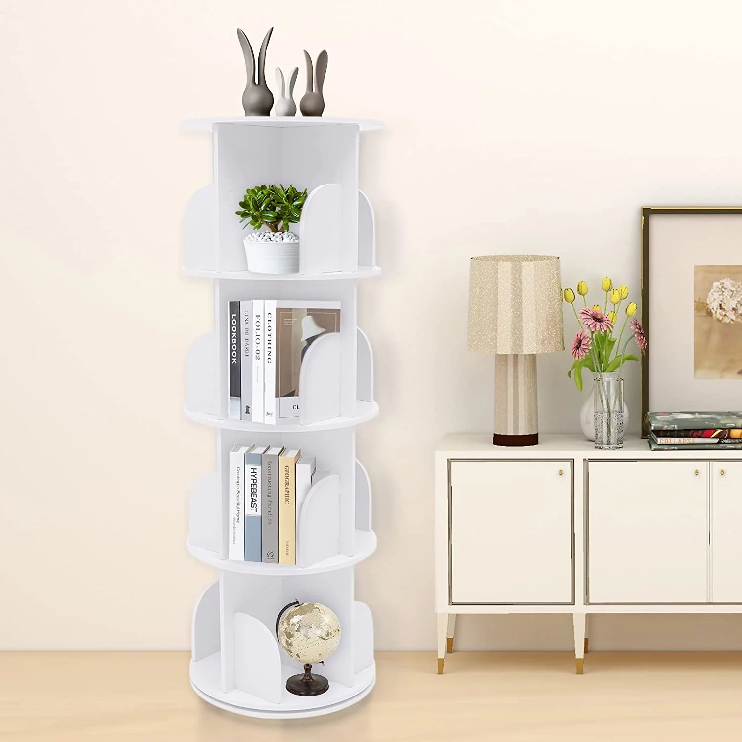 Bookcase 360° Rotating Bookshelf Floor Standing Organizer Storage Shelf Display Rack for Living Room Study Room Bedroom Home Office (White 4 Tiers)