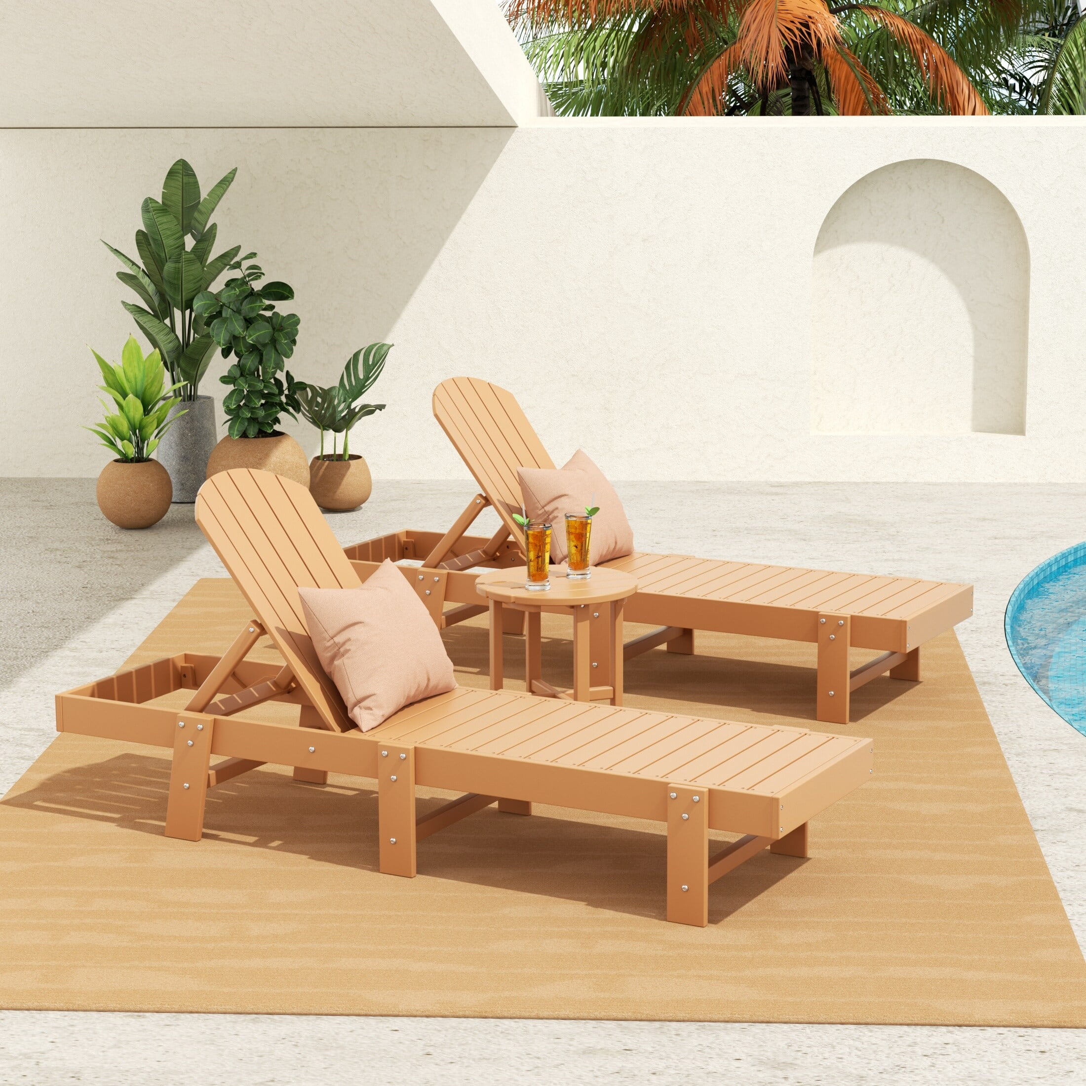 Polytrends  Altura Armless Poly Eco-friendly Reclining Chaise Lounge with Side Table Set (3-Piece Set) Teak