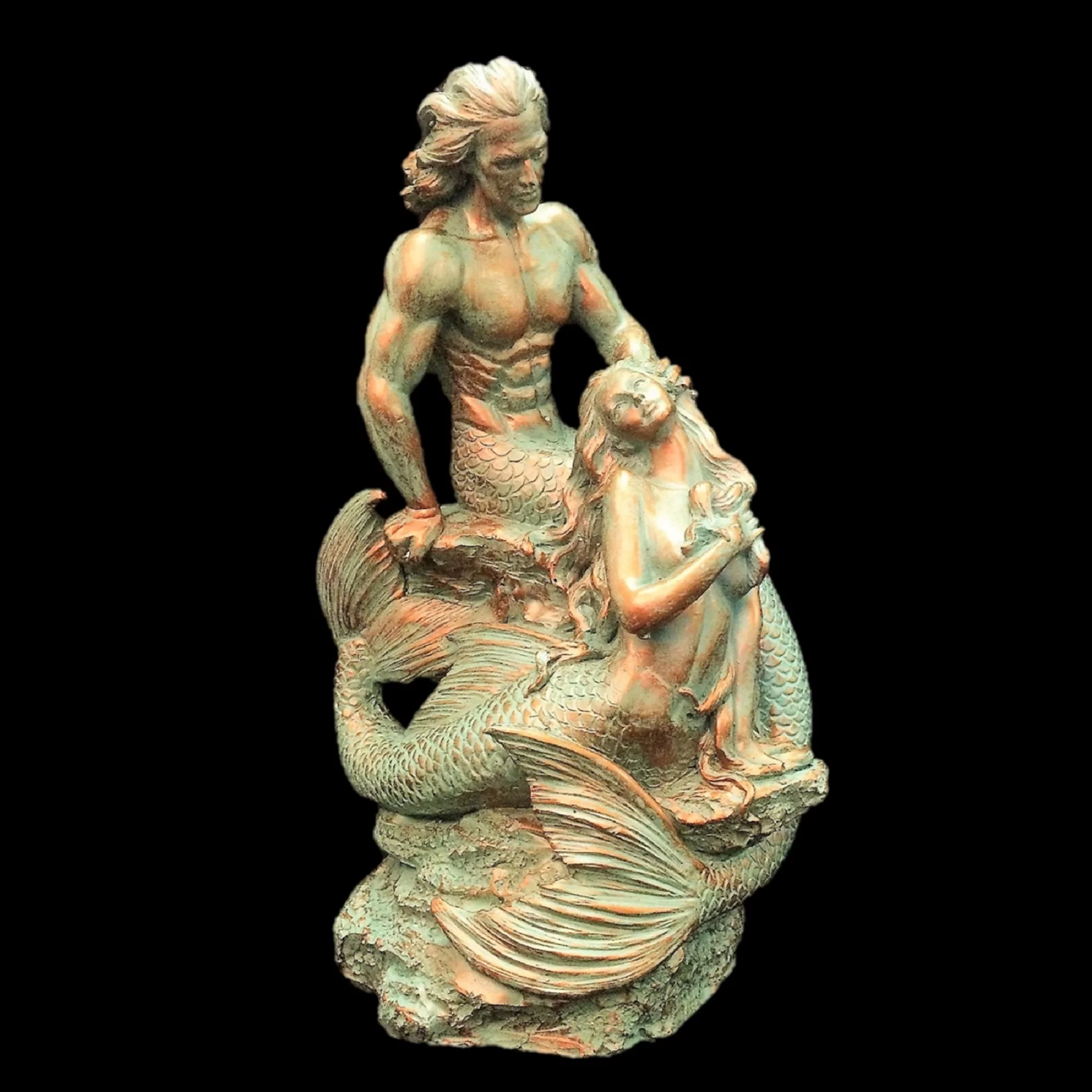 Homestyles 18 in. Sexy Merman & Mermaid on the Oceans Rock in Bronze Patina Finish Nautical Garden Beach Statue