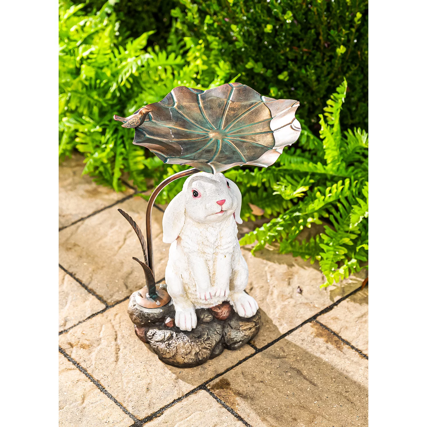 BUNNY WITH METAL LEAF BIRDBATH