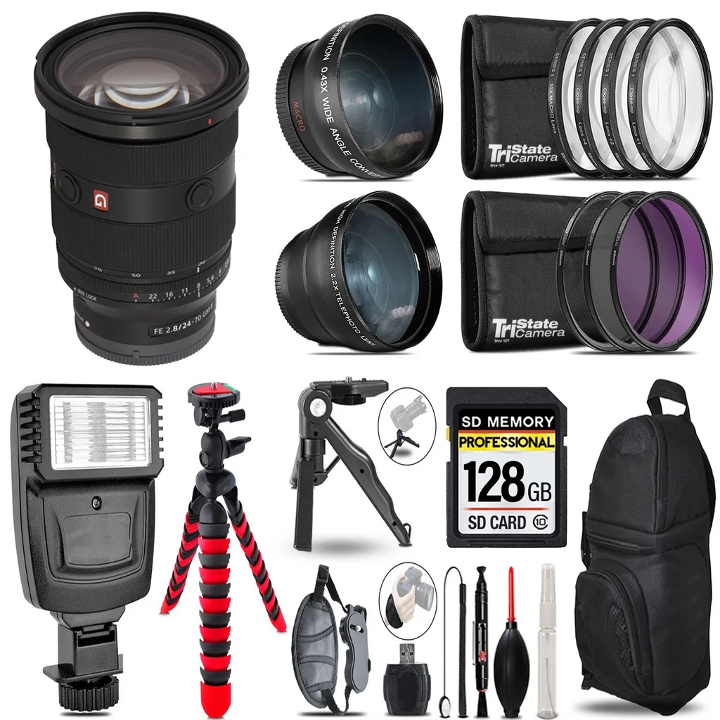 Sony FE 24-70mm f/2.8 GM II Lens -3 Lens Kit + Slave Flash + Tripod - 128GB Accessory Bundle