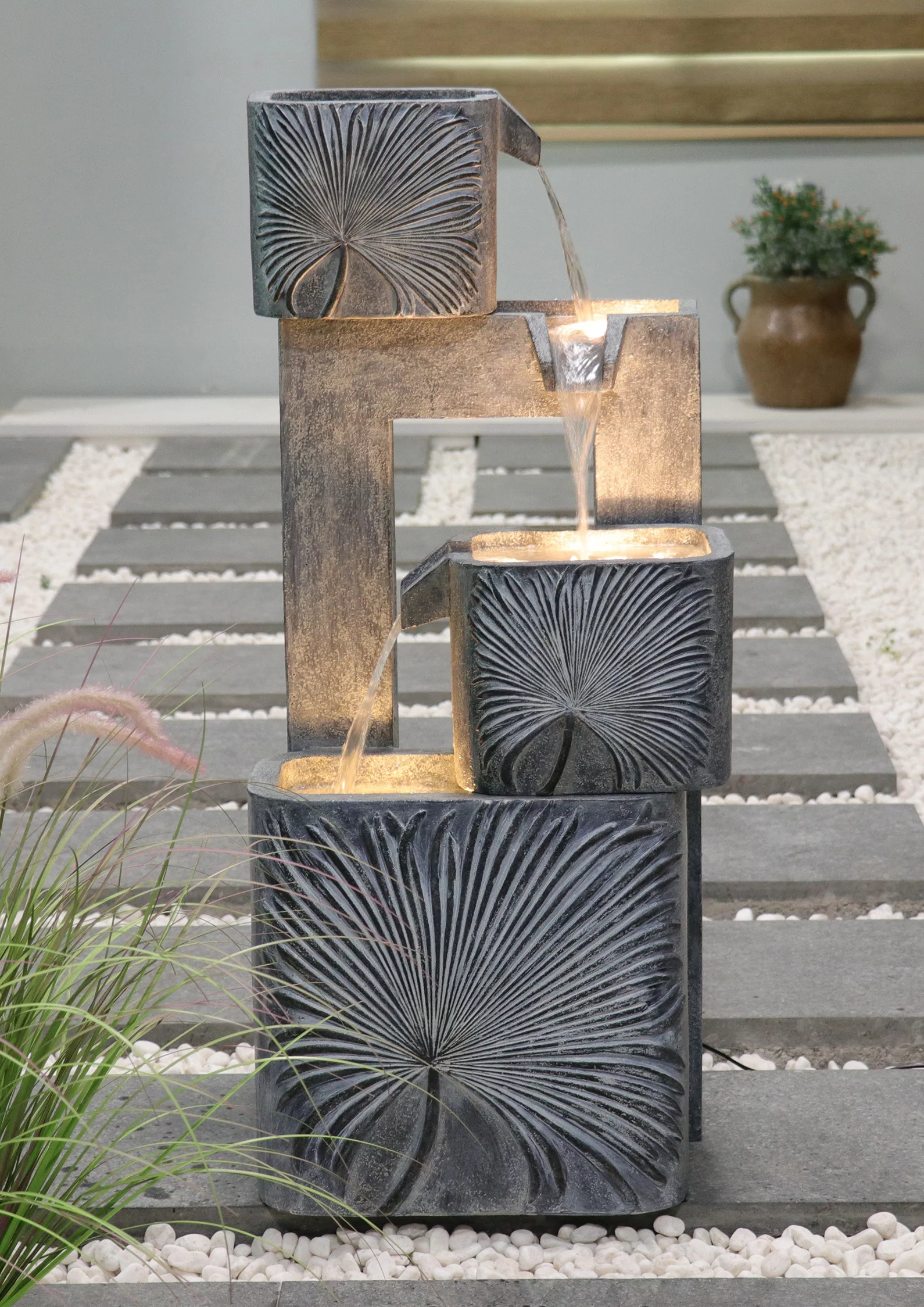 3 Tiers Square Modern Cascading Water Fountain Outdoor with Warm White LEDS