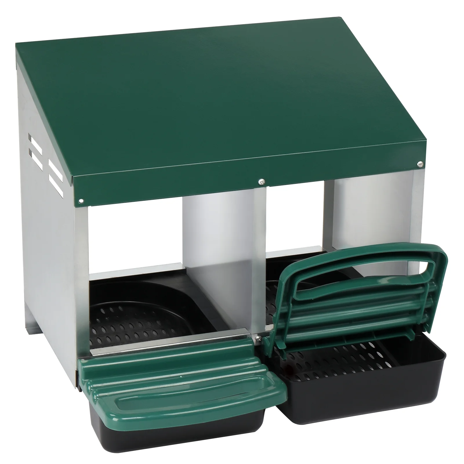 2 Compartment Roll Out Chicken Nesting Box with Plastic Basket, Easy Egg Collection, Durable Chicken Coop Solution, Green