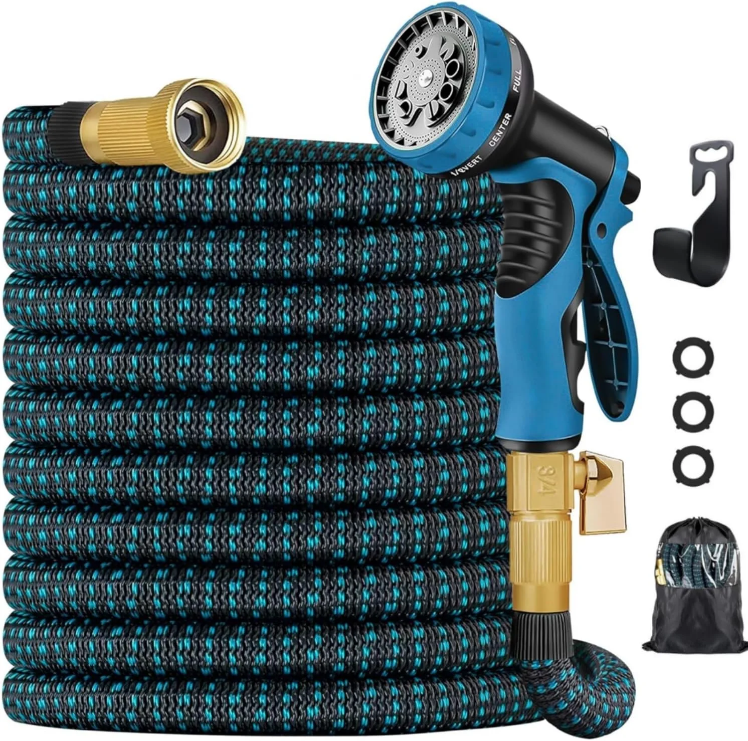 50ft Garden Hose, Expandable Hose, Flexible Water Hose with 10 Functions Spray Nozzle, Lightweight No-Kink Water Pipe with Solid Brass Connector, Black Blue 50FT
