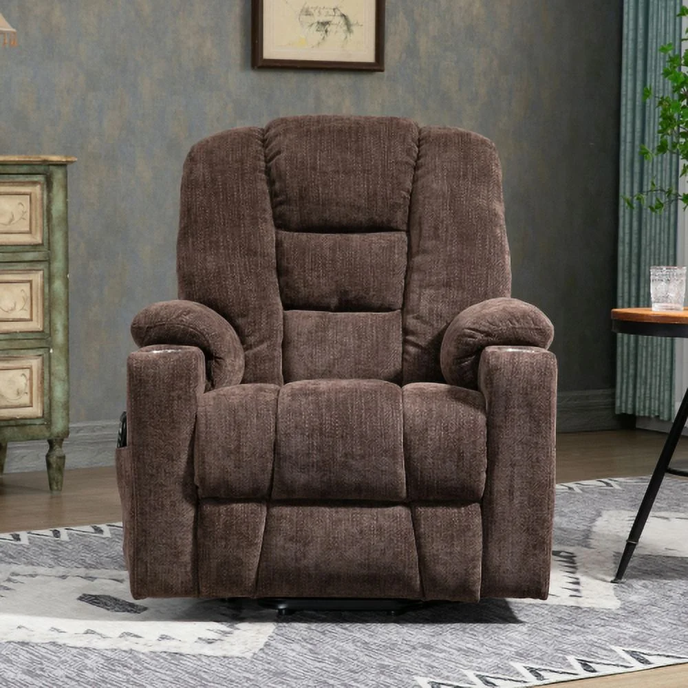 Large Power Lift Recliner Chair with Massage and Heat for Elderly, Overstuffed Wide Recliners, Heavy Duty Motion Mechanism with USB and Type C Ports, 2 Steel Cup Holders, Brown