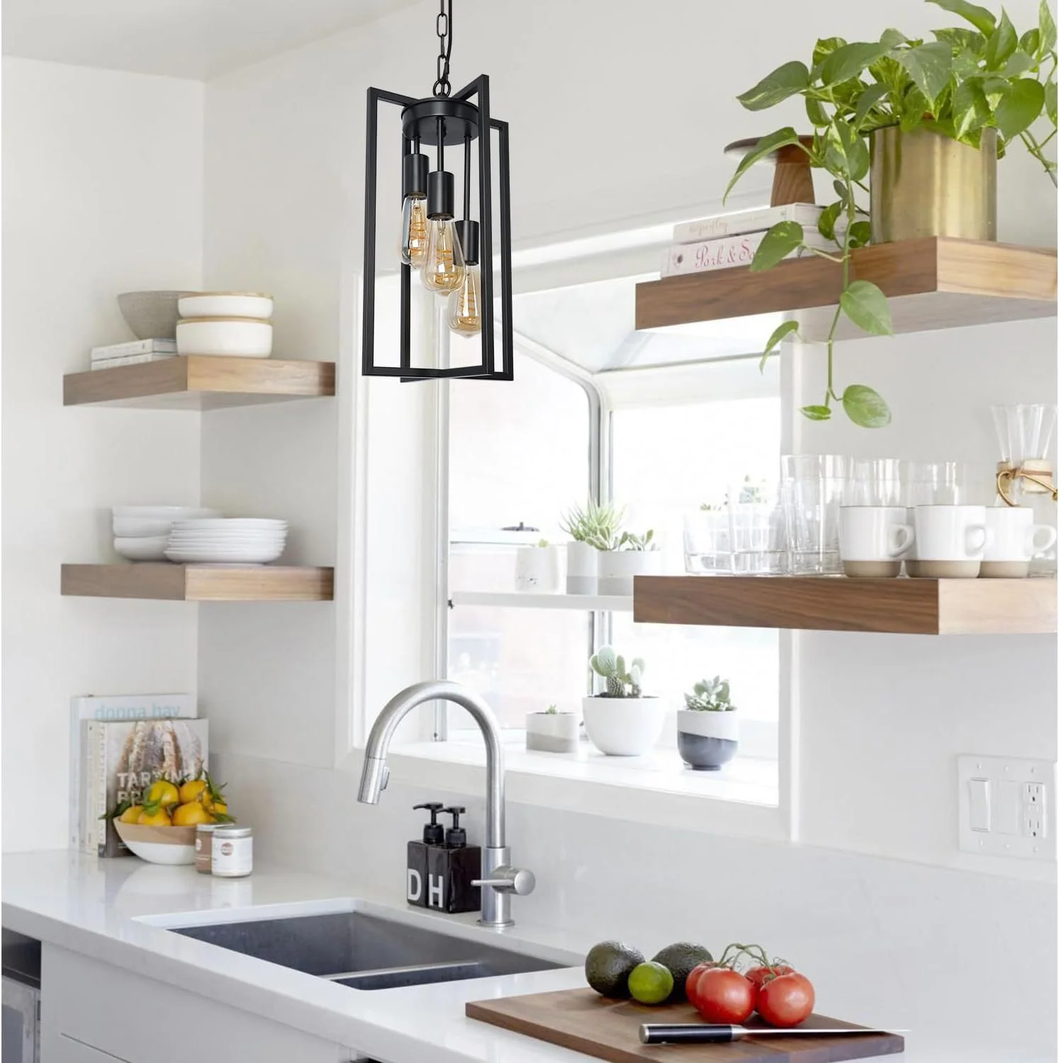 Modern Black Industrial Farmhouse Pendant Lighting, Rectangle Metal Cage Chandelier Hanging Light Fixture for Kitchen Island, Dining Room, Entryway, Hallway (3-Light)