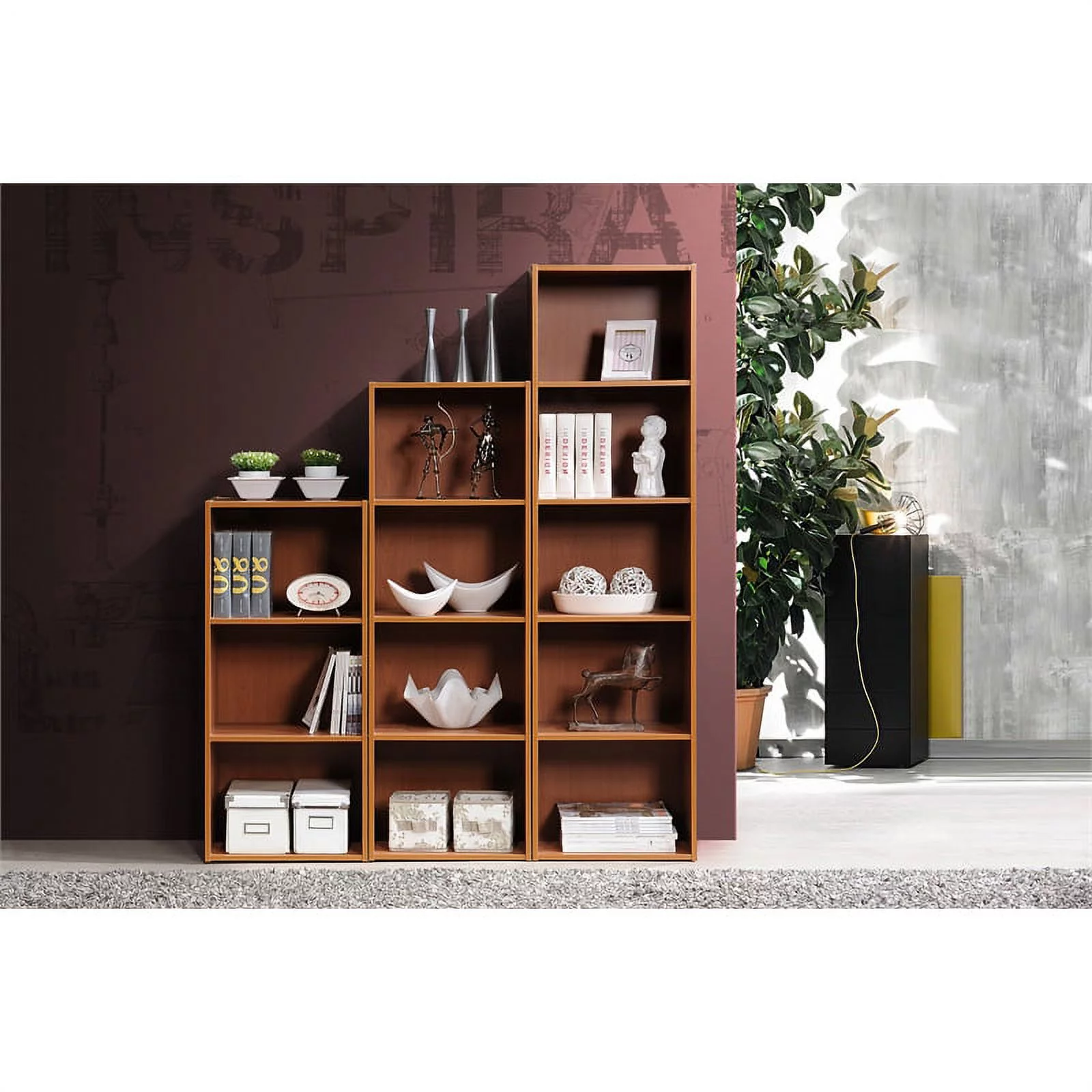Home Square 5 Shelf Multi-Purpose Wooden Bookcase Set in Cherry (Set of 2)