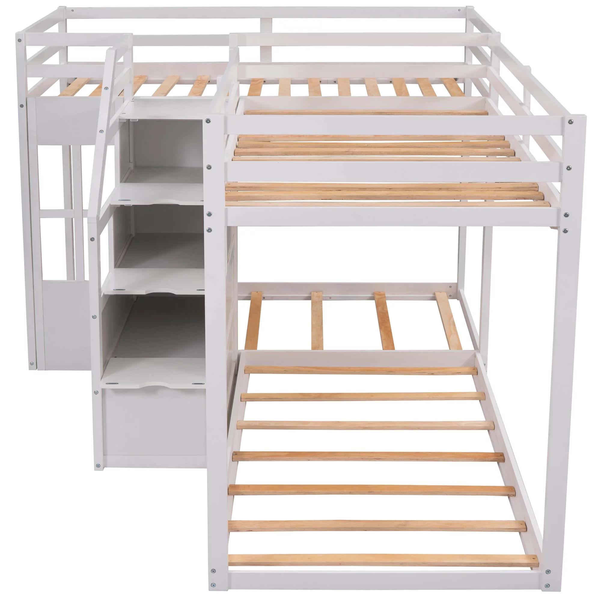 EUROCO Twin over Twin L-Shaped Bunk Bed with Middle Staircase, White