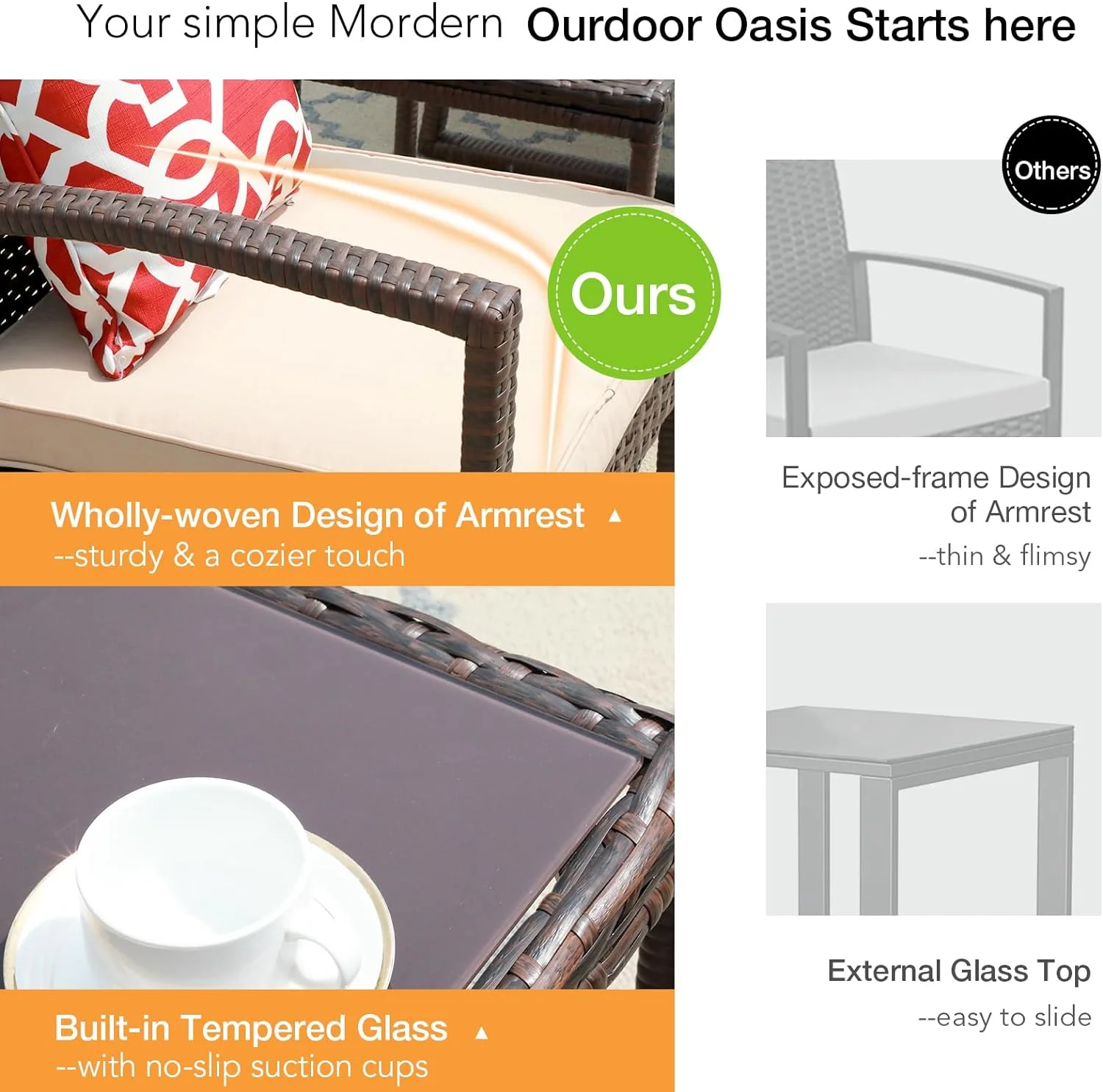 Patiorama 3 Pieces Outdoor Patio Furniture Set, Outdoor Wicker Conversation Set, Patio Rattan Chair Set, Modern Bistro Set with Coffee Table, Garden Balcony Backyard Poolside (Brown)