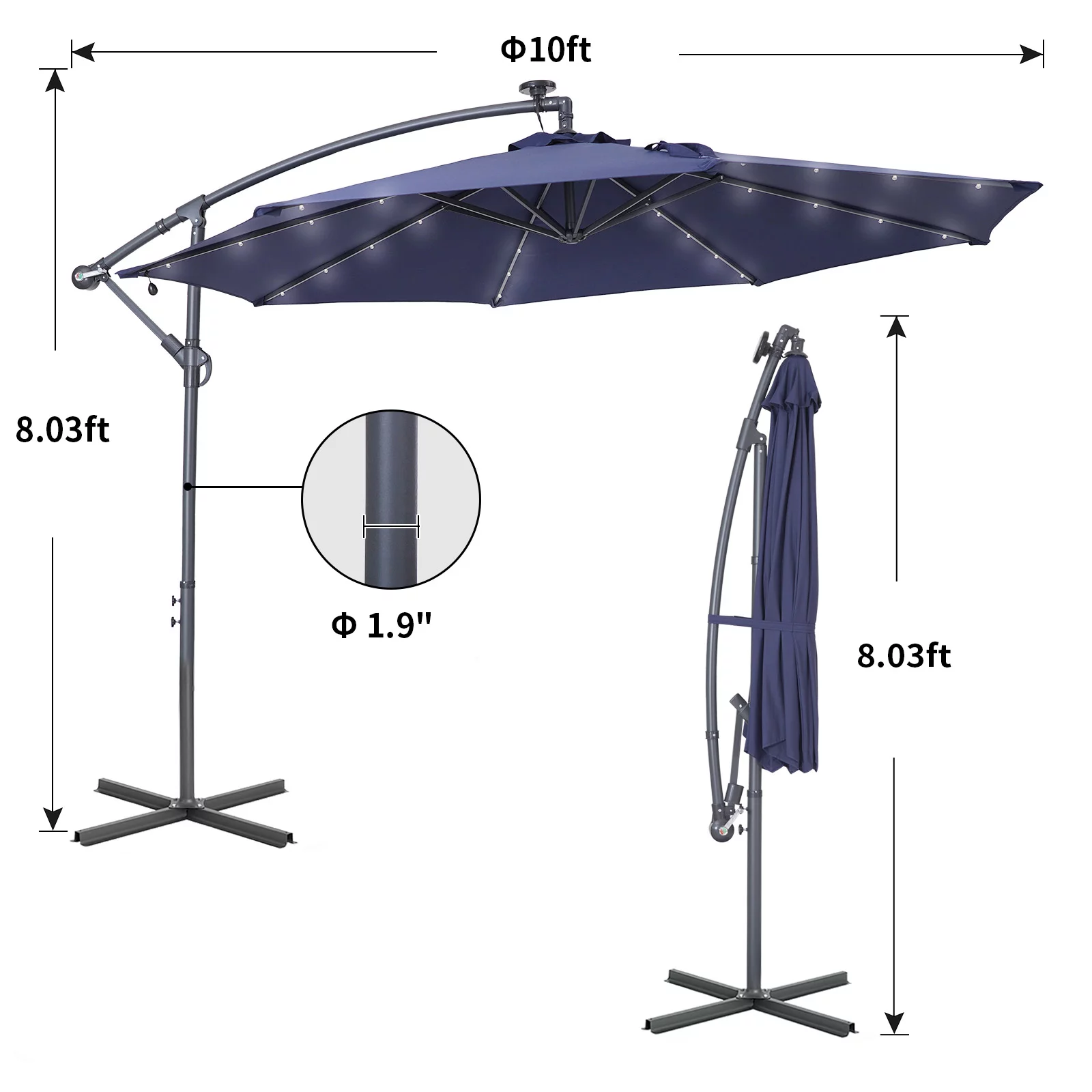 ACEGOSES 10ft 32 LED Outdoor Patio offset Umbrella, Solar Lighted Hanging Umbrella with 8 Ribs for Desk,Garden,Yard, Navy Blue