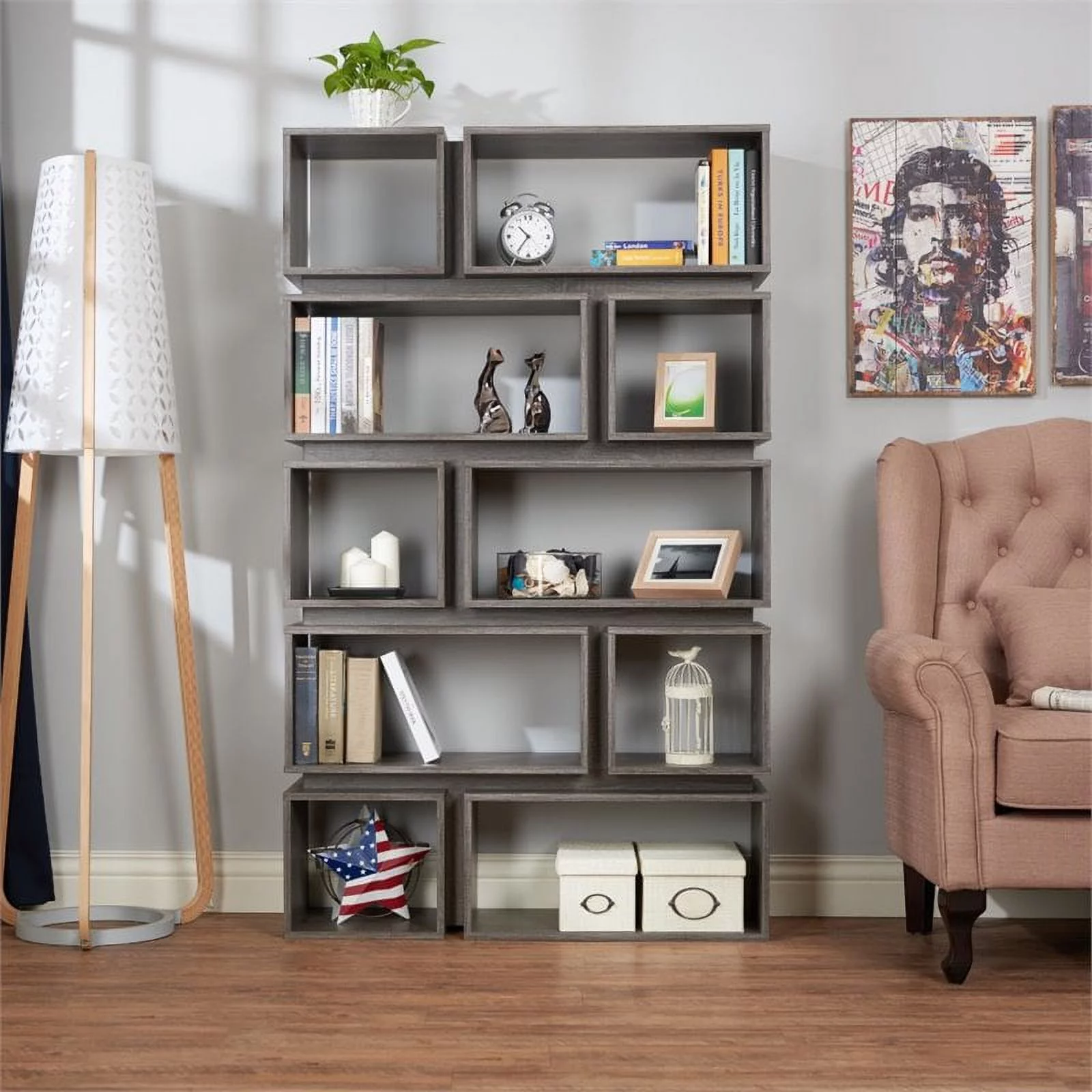 Bowery Hill Geometric Wood Bookcase in Distressed Gray
