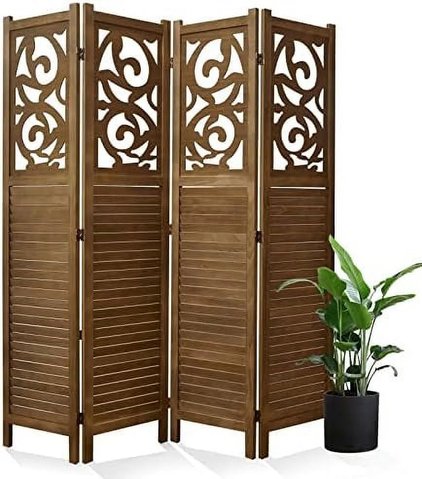 SQFGHB Room Divider Wood Carved Wall Divider Indoor Folding Portable Partition Screen for Home Office Garden Terrace - 4 Panel  67 * 60inch (Brown)