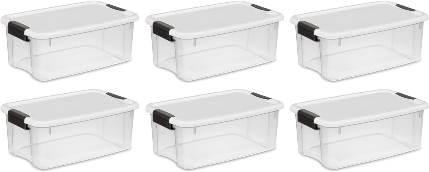18 Qt Ultra Latch Box, Stackable Storage Bin with Lid, Plastic Container with Heavy Duty Latches to Organize, Clear and White Lid, 6-Pack