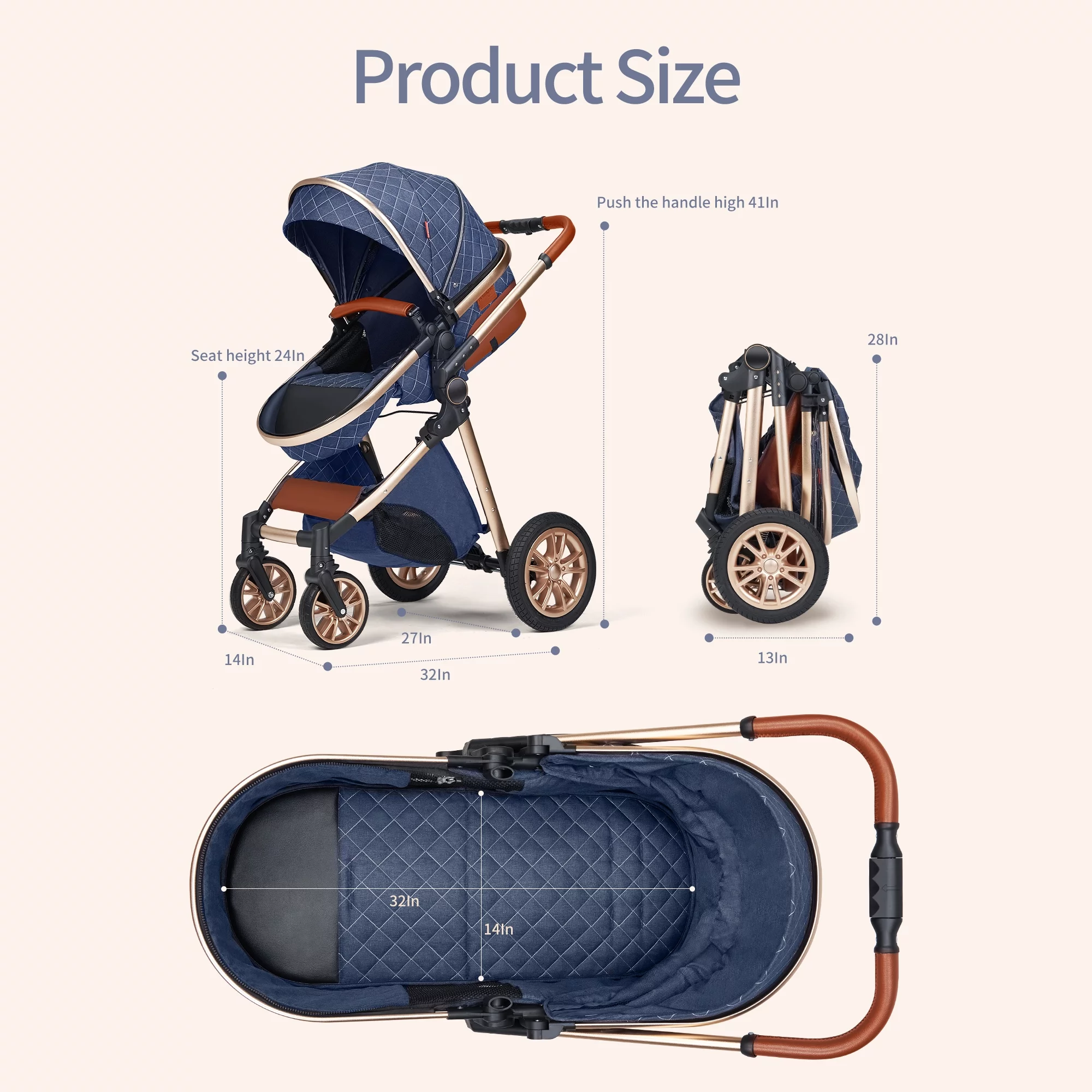 High Landscape Stroller 0-36 Months Kids Unisex Folding Infant Newborn Bassinet Pram(Brown)