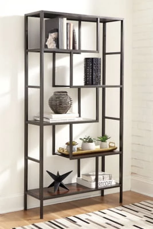 Signature Design by Ashley Frankwell Industrial Geometric 5 Shelf Bookcase, Brown and Black